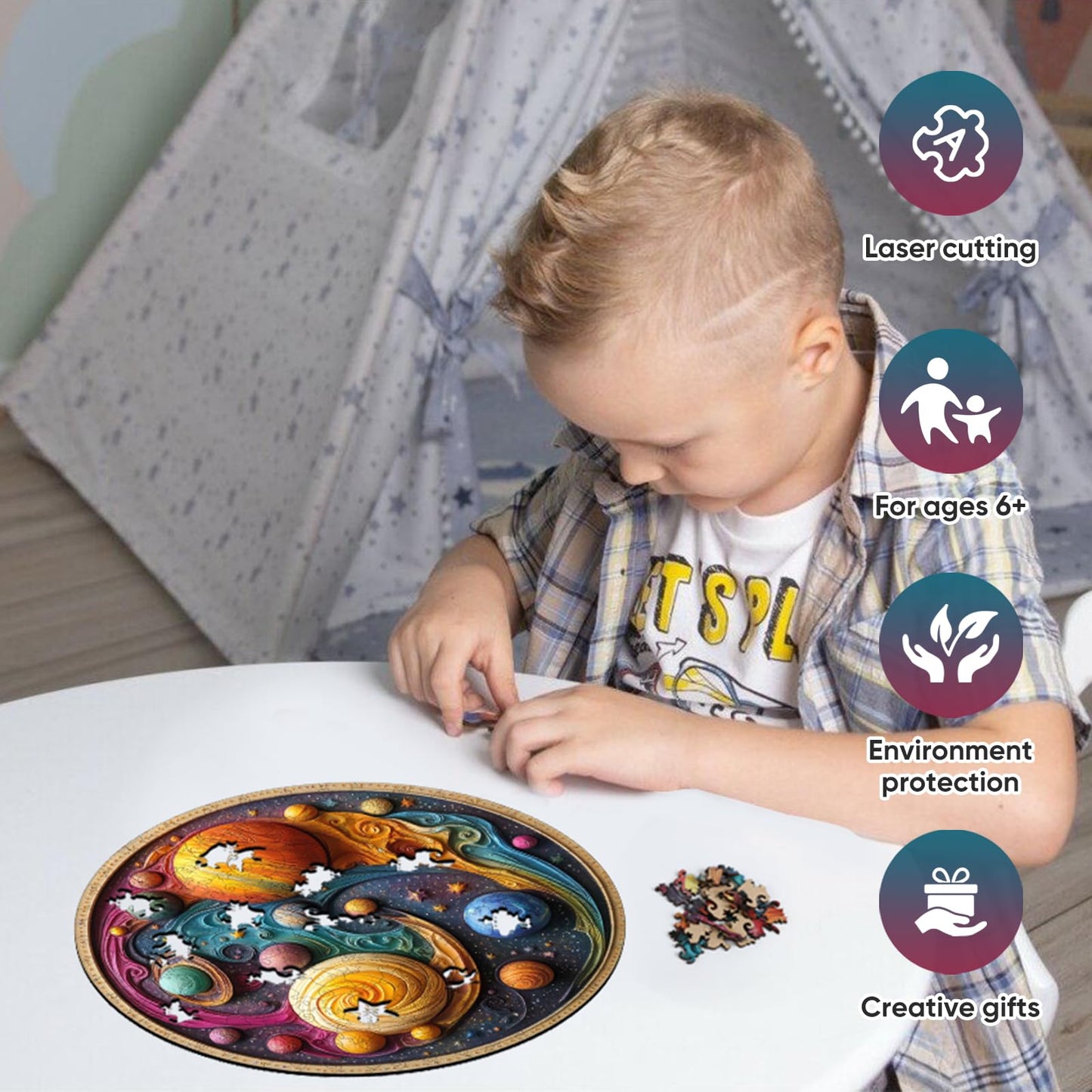 Qiuenisray Wooden Puzzles for Adults, Solar System Planet Jigsaw Puzzle 200 Pieces, Unique Shaped Wooden Puzzle for Wall Decor, Creative Gift for Family Game, 11 x 11.2 Inches