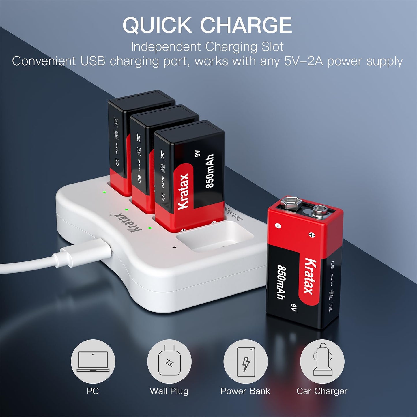9v Rechargeable Batteries Kratax 8pack 850mAh High Capacity 9volt 6F22 Lithium Batteries with Fast Charger, 1000 Cycles Long-Lasting for Smoke Alarms, Guitar, Toy Remotes, Microphones, Multimeter