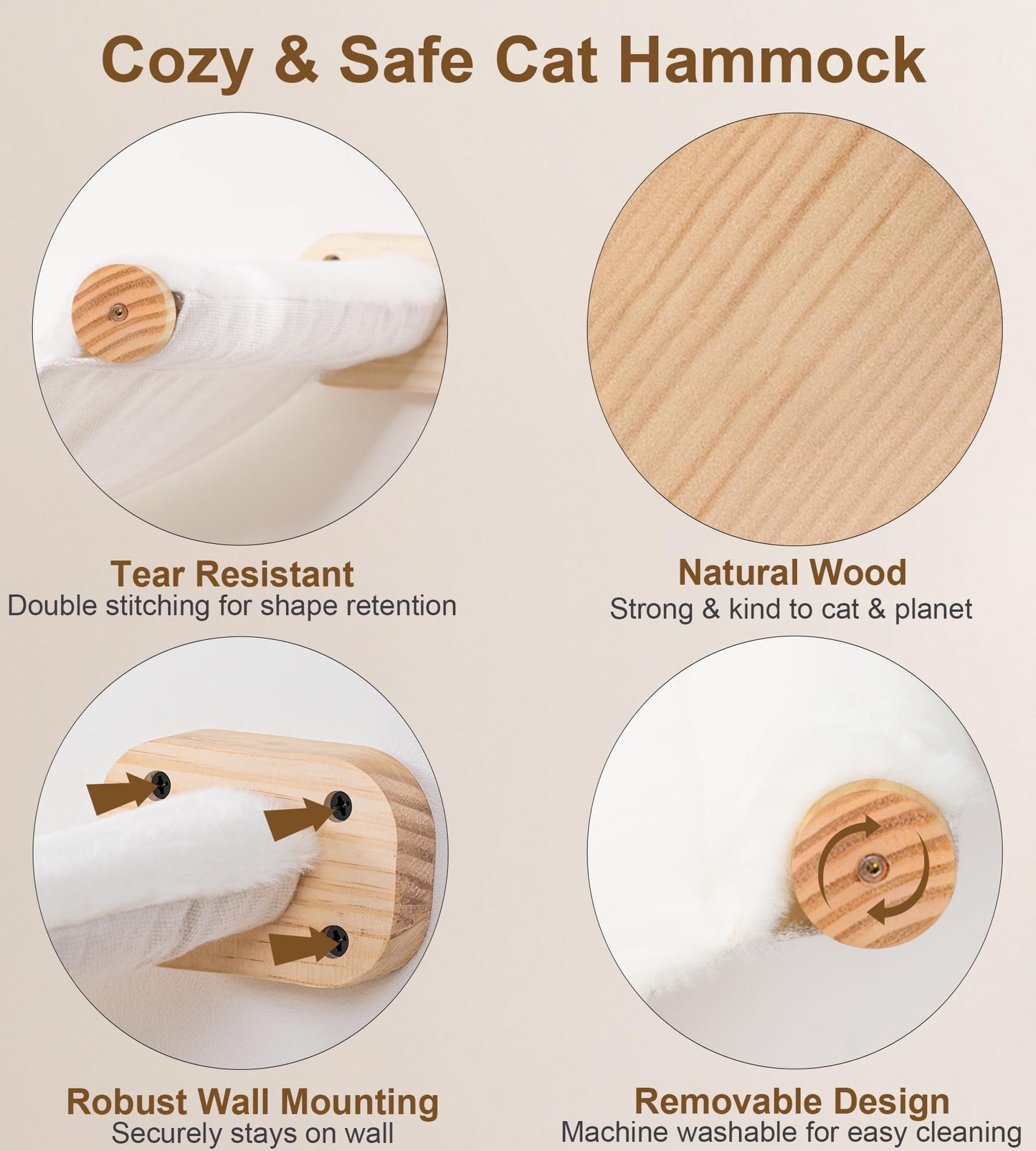 Cat Wall Shelves with 1 Floating Fabric Hammock, 2 Ladders with 4 Steps Each & 1 Flat Cat Shelf, Wall Mounted Bed Furniture & Climber, Indoor Playground