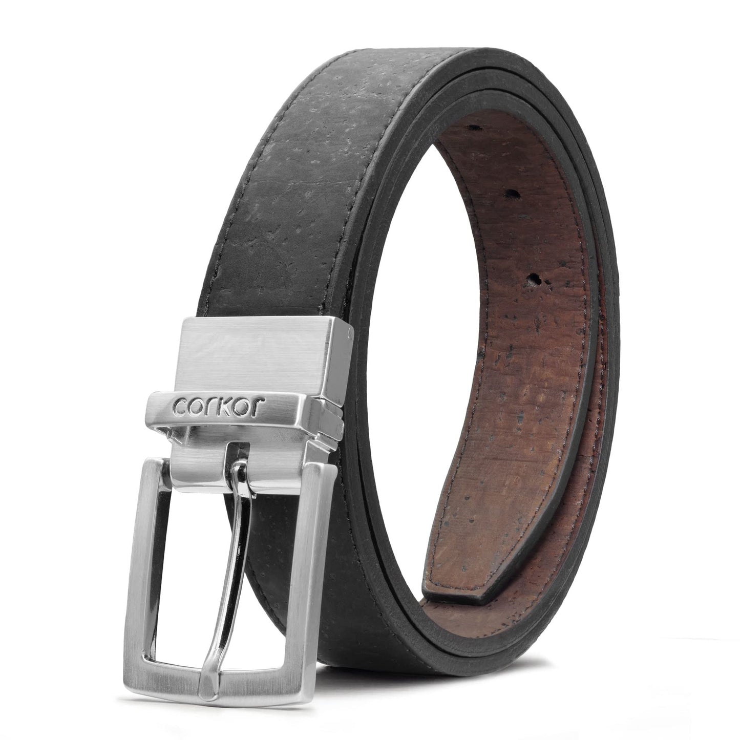 Corkor Reversible Men's Cork Belt - Vegan Leather Dress Belts – Men Belt - Cruelty Free Eco Friendly Brown Black 30mm Wide, Brown Or Black, 38" - (Fits waist 35-38") - L