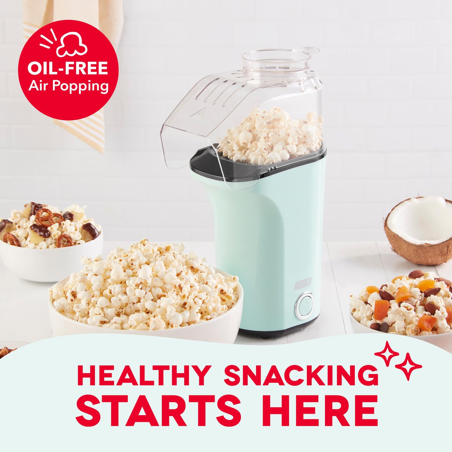 DASH Hot Air Popcorn Popper Maker with Measuring Cup to Portion Popping Corn Kernels + Melt Butter, 16 Cups - Aqua