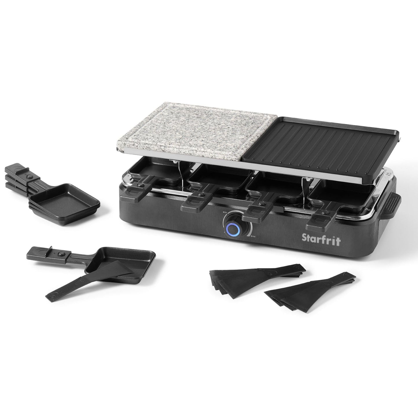 Starfrit 8-Person Raclette Party Grill - 2-in-1 Die-Cast Aluminum & Cooking Stone - Reversible Grill/Griddle Plate - Adjustable Temperature - 8 Non-Stick Spatulas & Dishes -1300W
