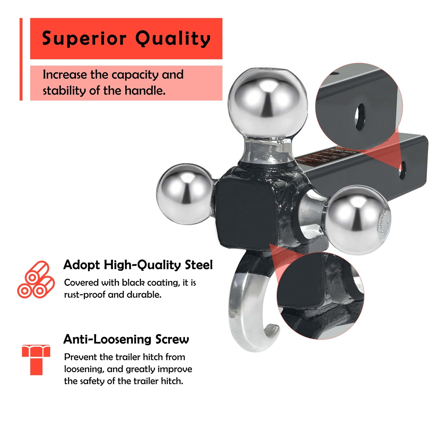 NUCHOICE Trailer Hitch Tri-Ball Mount with Hook, Fits 2” Receiver, 1-7/8”, 2”, 2-5/16” Towing Balls, Heavy-Duty Steel, Black Finish