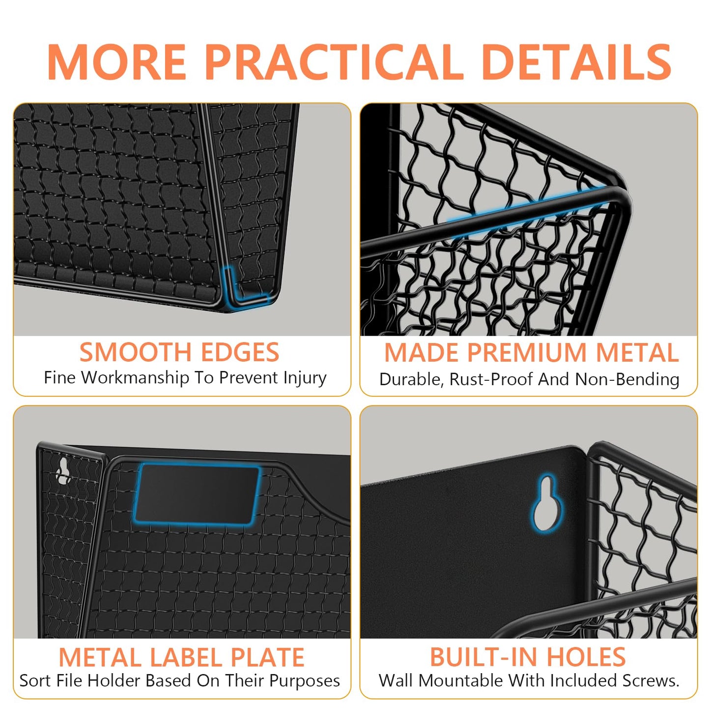 MFTEK Magnetic File Holder, 4 Pockets Magnetic File Folder Holder No Drilling Magnet Paper Mail Organizer Magazine Basket, Hanging Wall Storage Rack for Fridge Cabinets Office Classroom