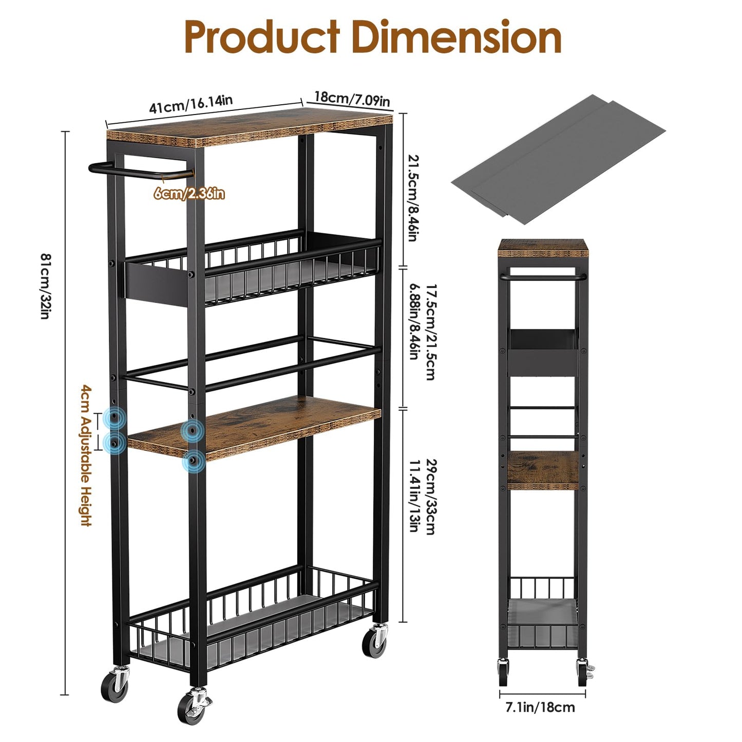 Kssiaz Slim Storage Rolling Cart, 4 Tier Narrow Cart with Wheels, Metal Kitchen Rolling Cart for Small Spaces, Slide Out Storage Shelves for Kitchen, Laundry Room, Bathroom, Living Room, 7.1in(W)