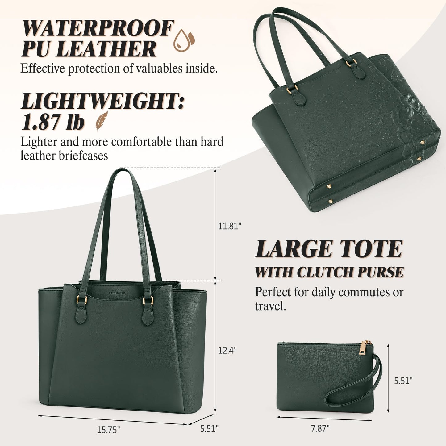 RAINSMORE Laptop Bags for Women 15.6 Inch Work Tote Bags Womens Laptop Purse Waterproof PU Leather Laptop Briefcase for Office Computer Bag Women Travel Handbag, Green