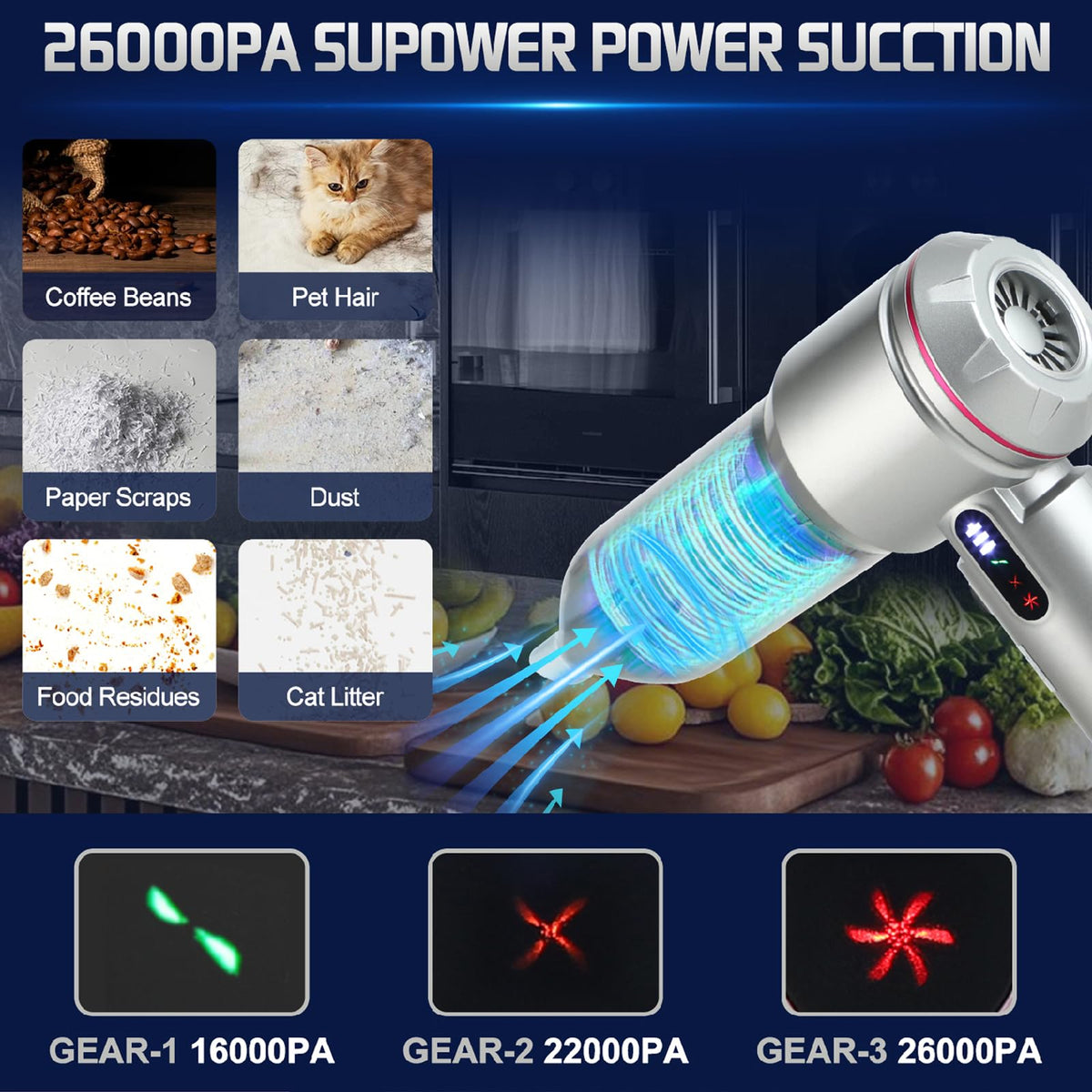Cordless Car Vacuum Cleaner Handheld Small Vacuum Cleaners 26000PA Powerful Portable USB 3 Modes Mini Vacuum for Home Office car pet Kitchen