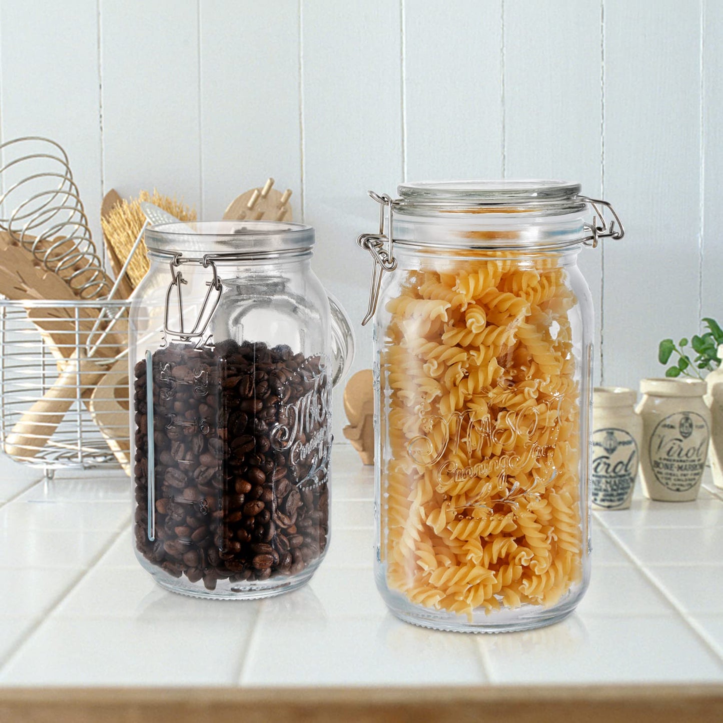 Tebery 4 Pack Clear Wide Mouth Glass Mason Jars with Airtight Clamp Lids, 32Oz Glass Storage Containers Large Kitchen Canisters for Food, Flour, Pasta, Coffee, Candy, Dog Treats, Snacks & More