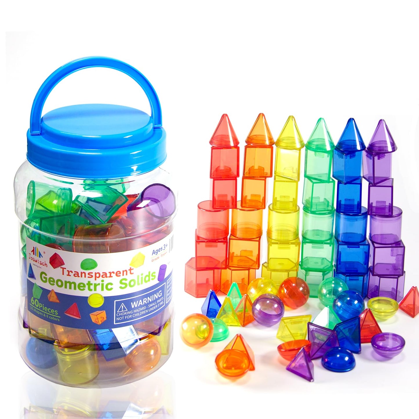 Joswisch 60 PCS 3D Shapes for Teaching, Geometric Solids - Geometric Shapes for Kids, Light Table Manipulatives, 3D Shapes Light Table Toys, Math Manipulatives for Classroom