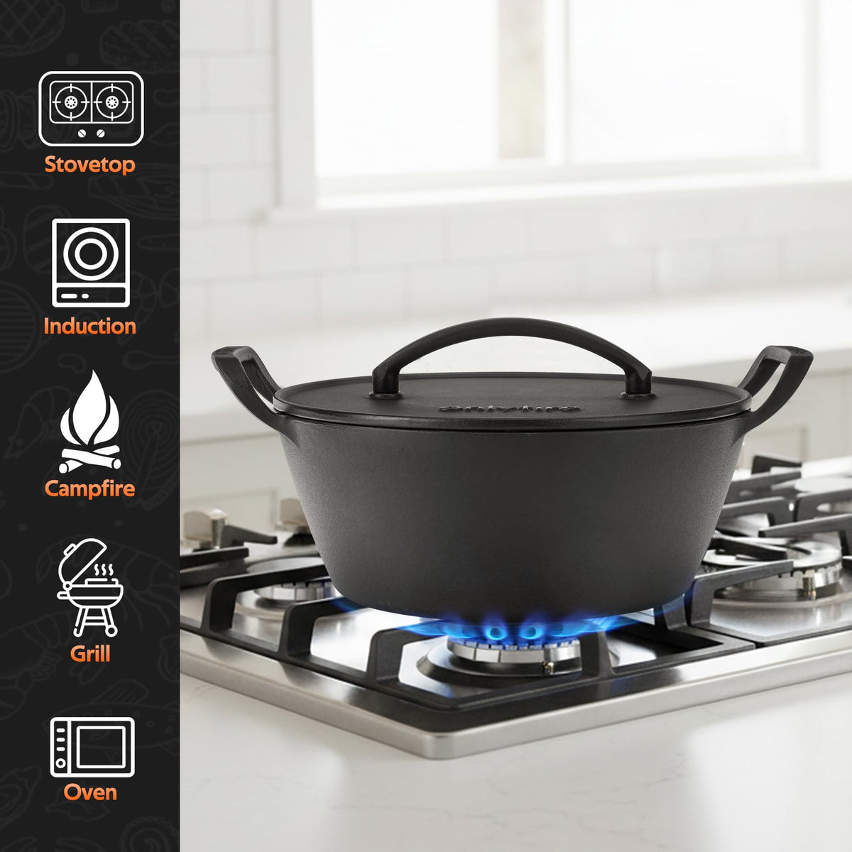 onlyfire Cast Iron Dutch Oven Pot with Dual Handles Heavy Duty Round Casserole for Gas Stoves & Open Flame Cooking