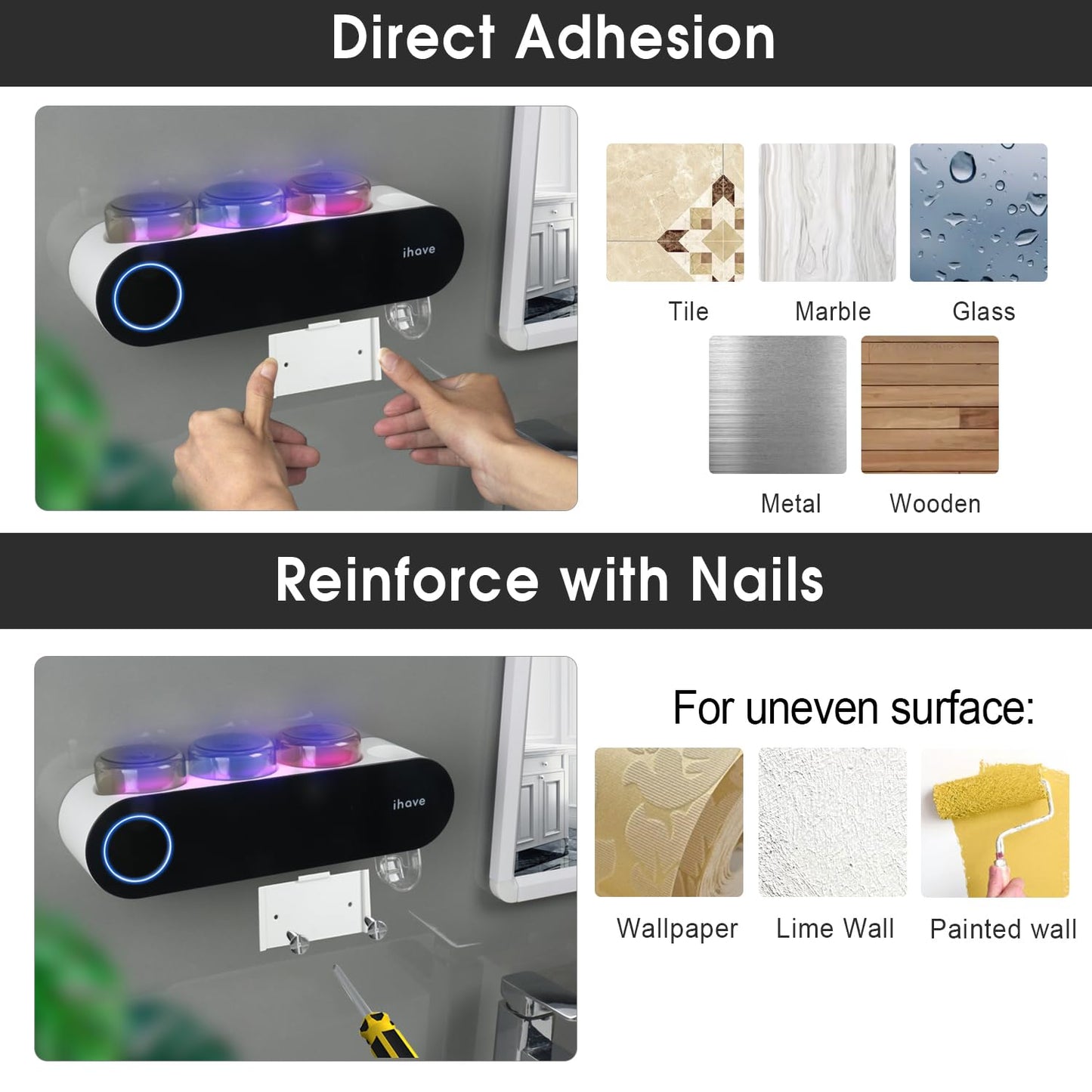 iHave Toothbrush Holder for Bathroom, UV Toothbrush Sanitizer and Holder Smart Home Bathroom Accessories, 3 Cups Electric Toothbrush Holder Wall Mounted with Toothpaste Dispenser Bathroom Decor