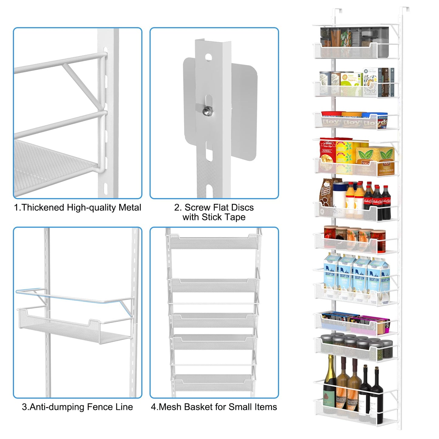 VyGrow 10-Tier Over the Door Pantry Organizer with Adjustable Basket, Pantry Door Organization for Pantry Kitchen Storage Room Spice Rack, White