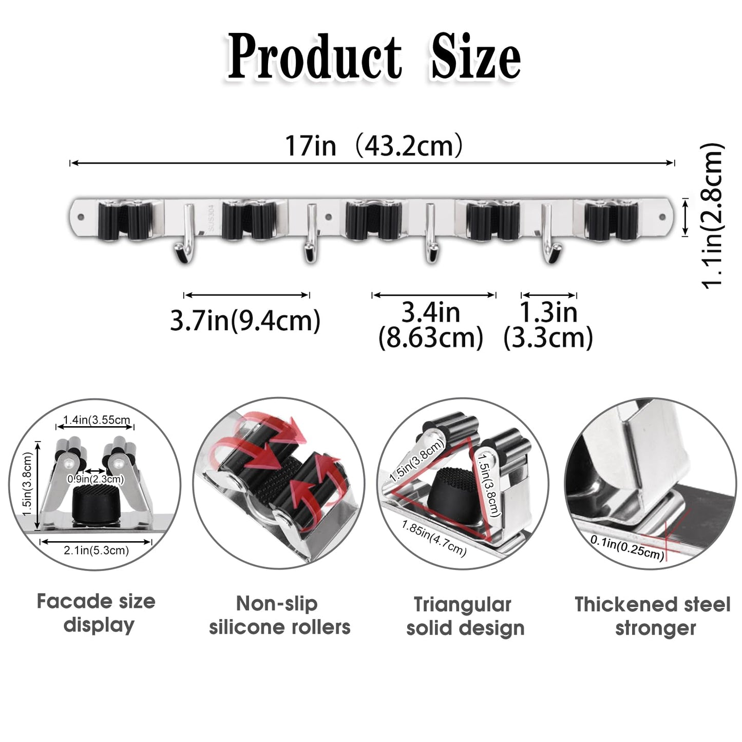 2 Pack Mop and Broom Holder Wall Mount, 5 Racks and 4 Hooks Broom Organizer Storage Tool Racks Stainless Steel Heavy Duty Hooks Self Adhesive Solid Non-slip for Home Kitchen Garden Laundry Garage