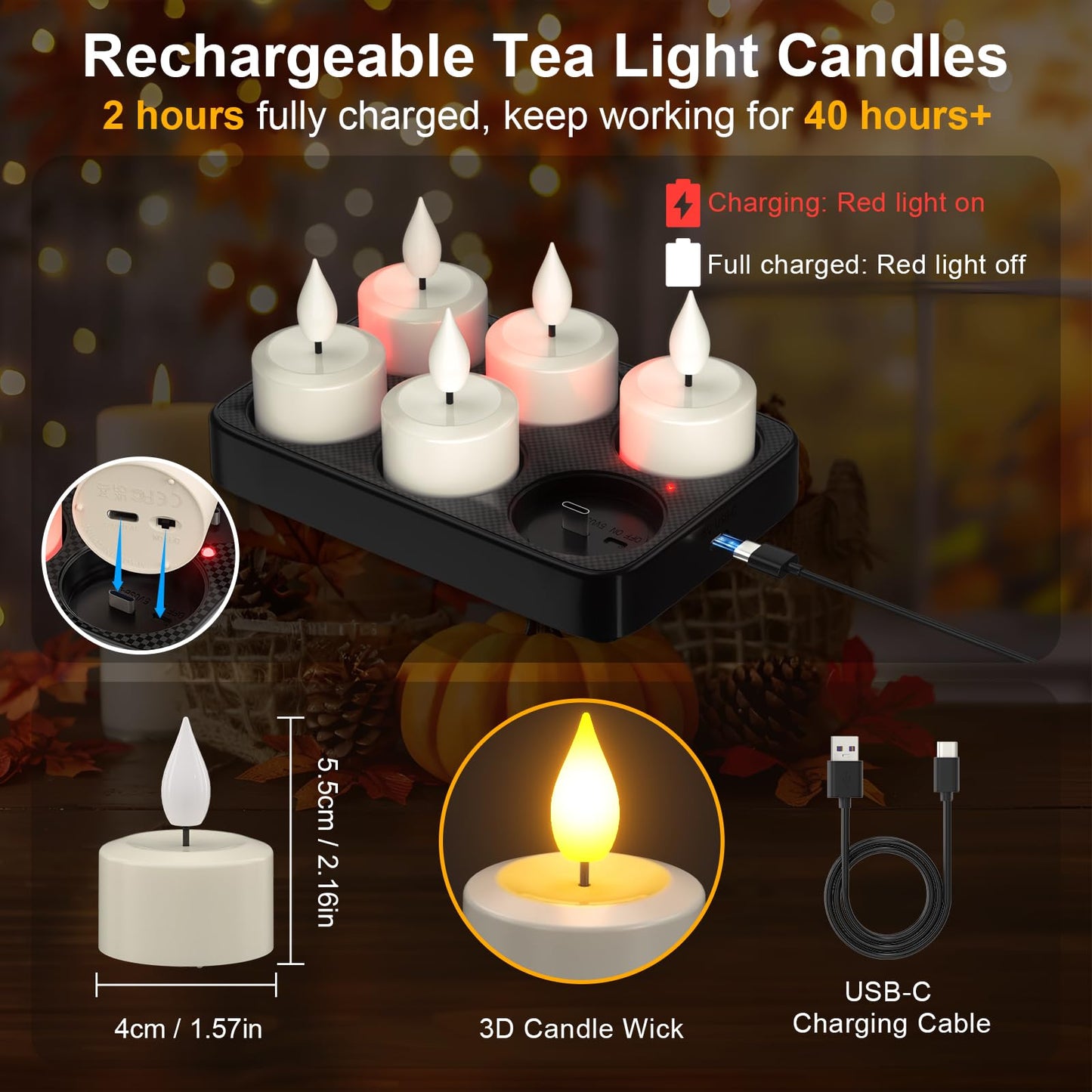 PChero 6PCS Rechargeable Flameless Candles Flickering with Remote Timer & USB Charging Base, 3D Wick Led Tea Lights Candles Battery Operated for Birthday Weddings Halloween Christmas Home Indoor Decor