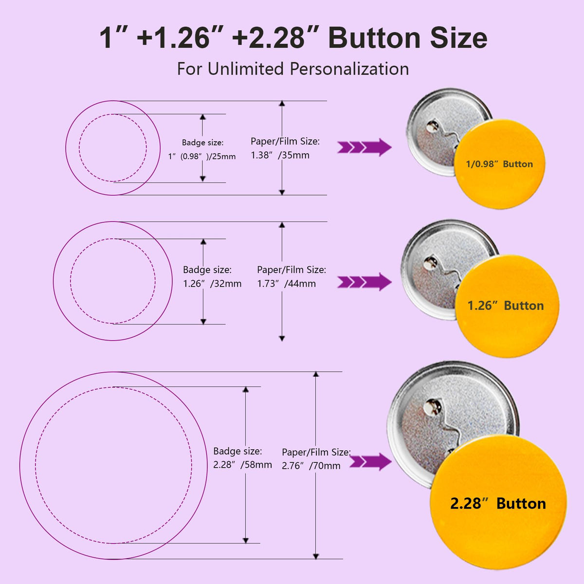YiiYiiGO 200 Sets 58mm/2.28inch Button Maker Supplies, (Approx.2.25 inch) Round Badge Blank Pins, Includs Metal Shells, Metal Back Cover, Blank Paper and Transparent film for Pin Maker Button Press