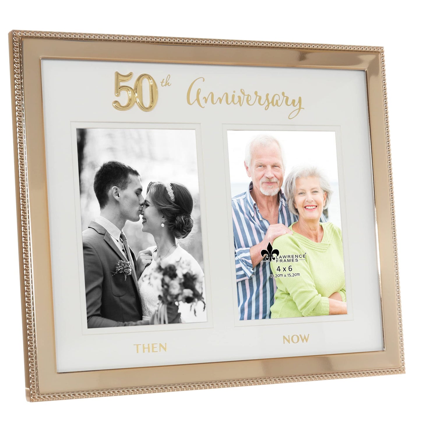 Lawrence Frames 4x6 Double Gold Beaded Metal 50th Anniversary Picture Frame, Then and Now