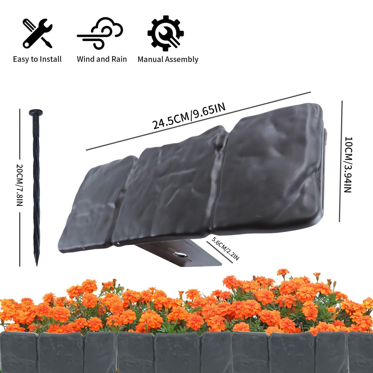 Garden Edging Border, 16FT Landscape Edging Borders for Flower Beds, Imitation Stone Effect Garden Lawn Border Faux Stone Landscape Edging and Plastic No Dig (Black-20)