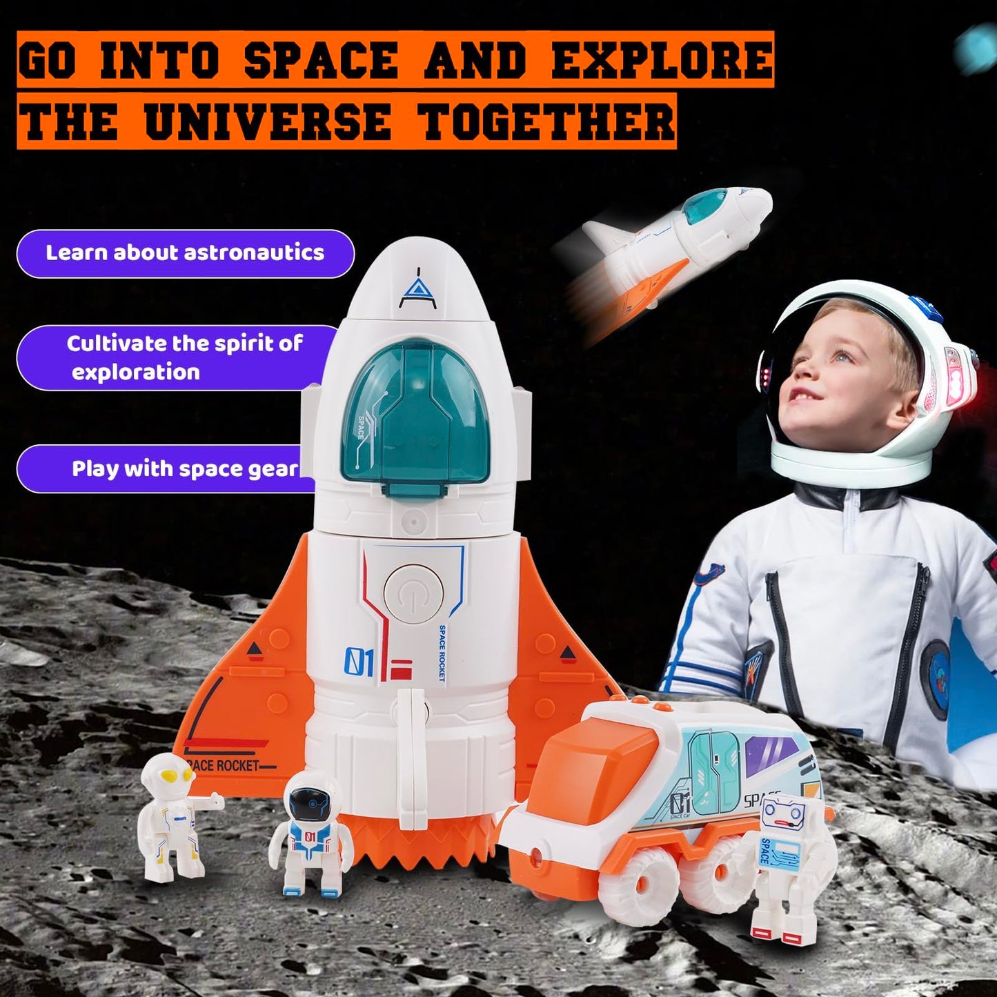 Spaceship Toy for Boys, Space Shuttle Toys with Sound, 3 Astronauts Figure, Openable Cockpit, Spray Exhaust, Venture Space Playset with Lunar car (Orange)