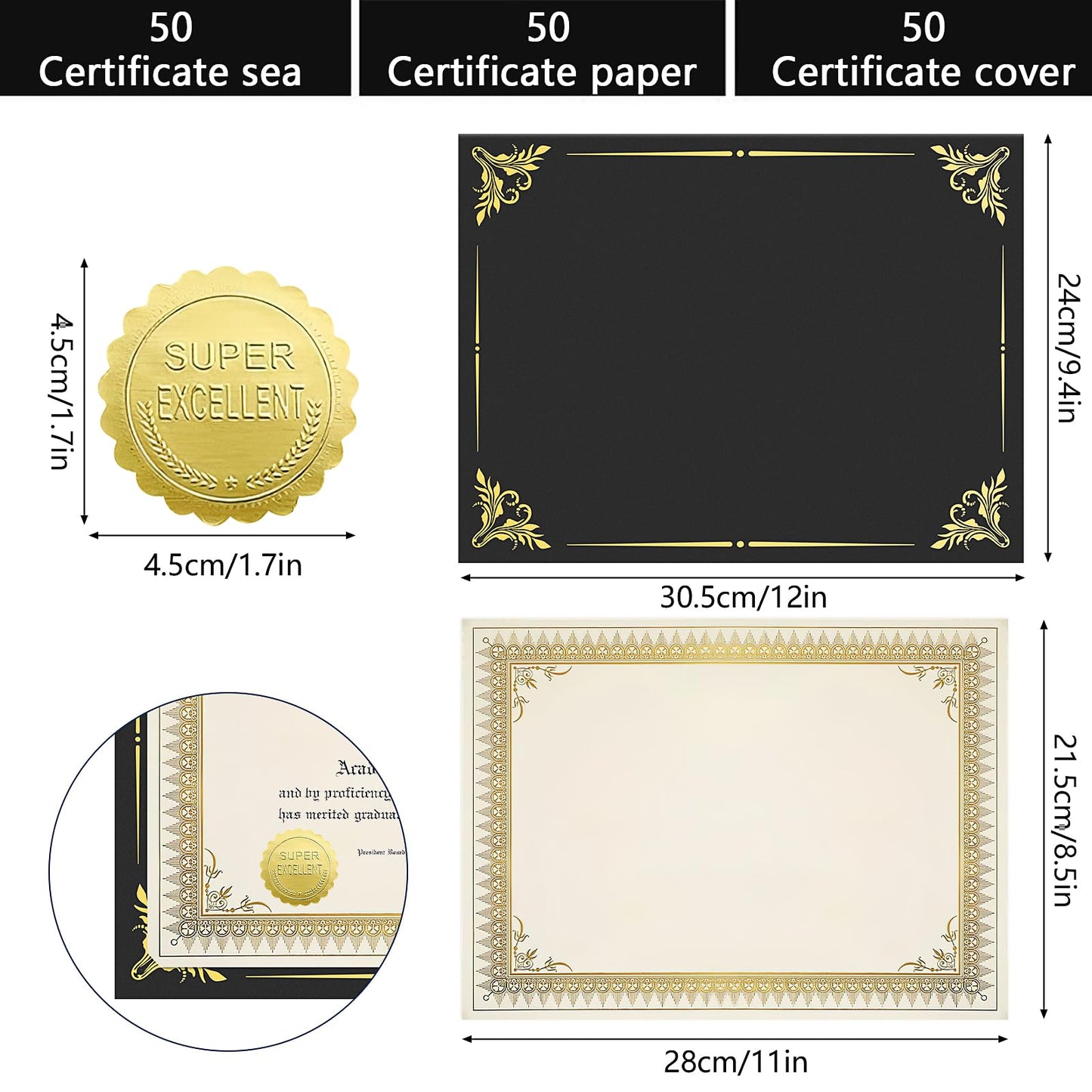 50 Sets Certificate Kit Includes 50 Pcs 9.5 x 12 Inch Certificate Holders 50 Pcs Letter Size Certificate Papers 50 Pcs Gold Foil Award Seals Diploma Covers for Appreciation