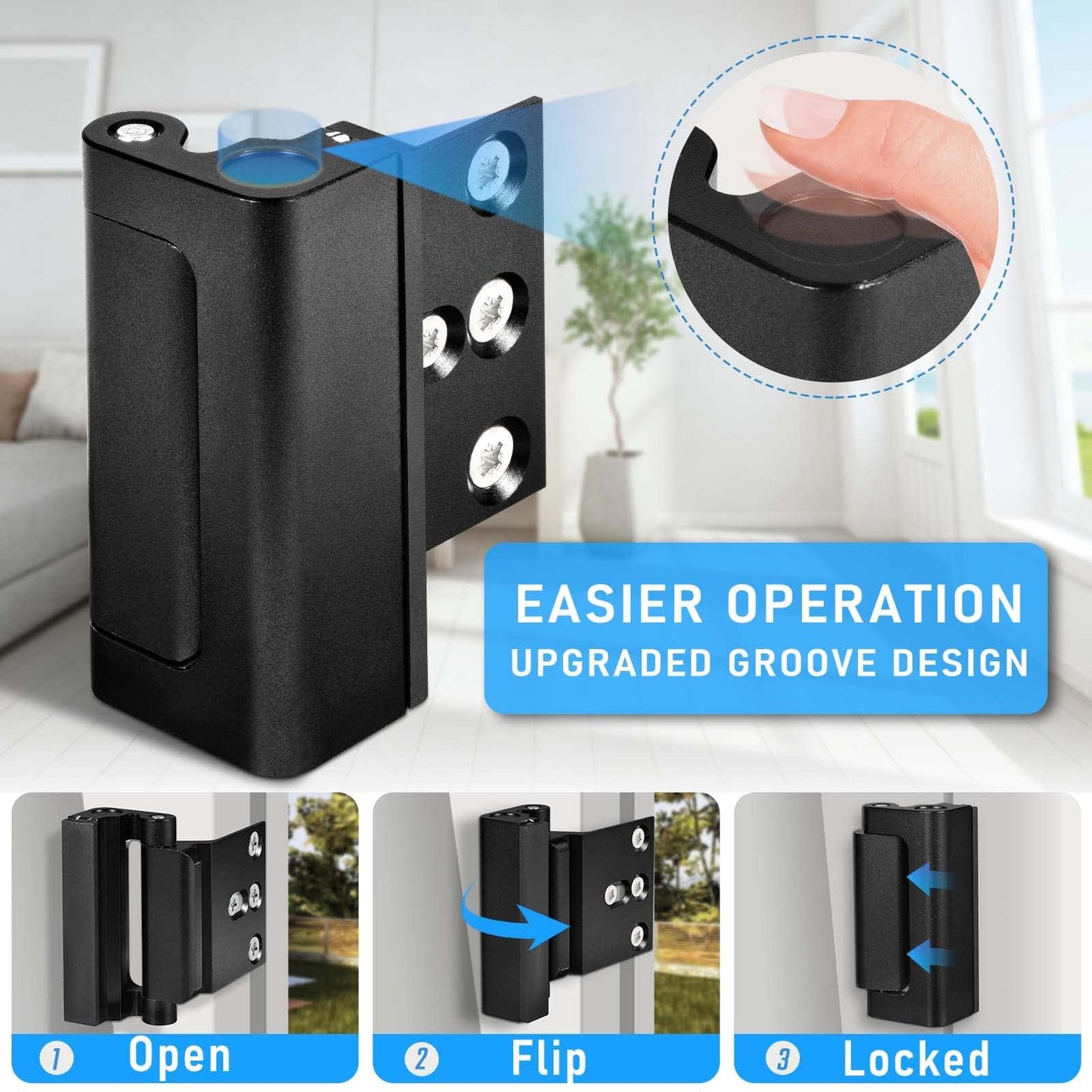 Steinwhale 4Pack Home Security Door Reinforcement Lock, Childproof Safety Door Lock Latch Inside Stopper, Add High Security to Prevent Home Unauthorized Entry, Aluminum Construction Finish Black