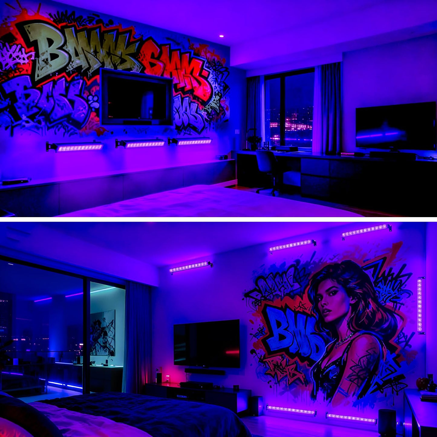 CREATESTAR 2 Pack Black Light for Halloween Party, 42W UV Blacklight Powerful with Plug Switch, Glow Lights for Horror House, Birthday, Christmas, Home Decor