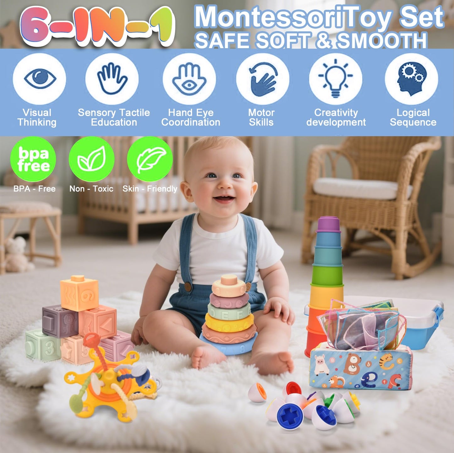 Montessori Baby Toy for 6 to12 Months,6 in 1 Montessori Sensory Toys for 1 Year Old,Baby Stacking Building Block Cups & Rings,Pull String Toy Magic Tissue Box for Toddlers 6-9-12 Months Boy Girl Gift
