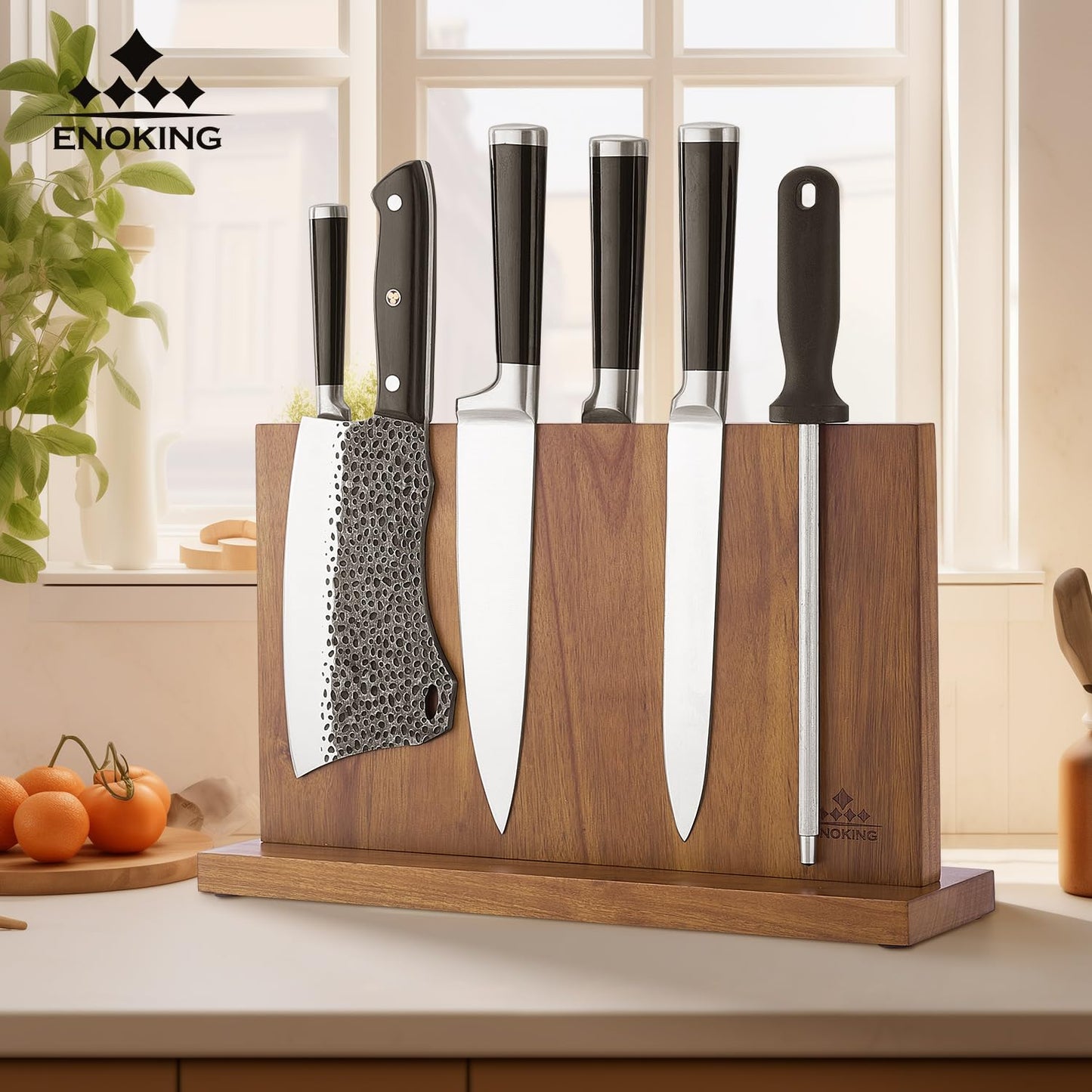 Extra Large Magnetic Knife Block, Double-Sided Acacia Wood Knife Holder with Built-in Powerful Magnetic Strips, 15.2" Universal Knife Storage Organizer for Kitchen Counter, No Drilling Required