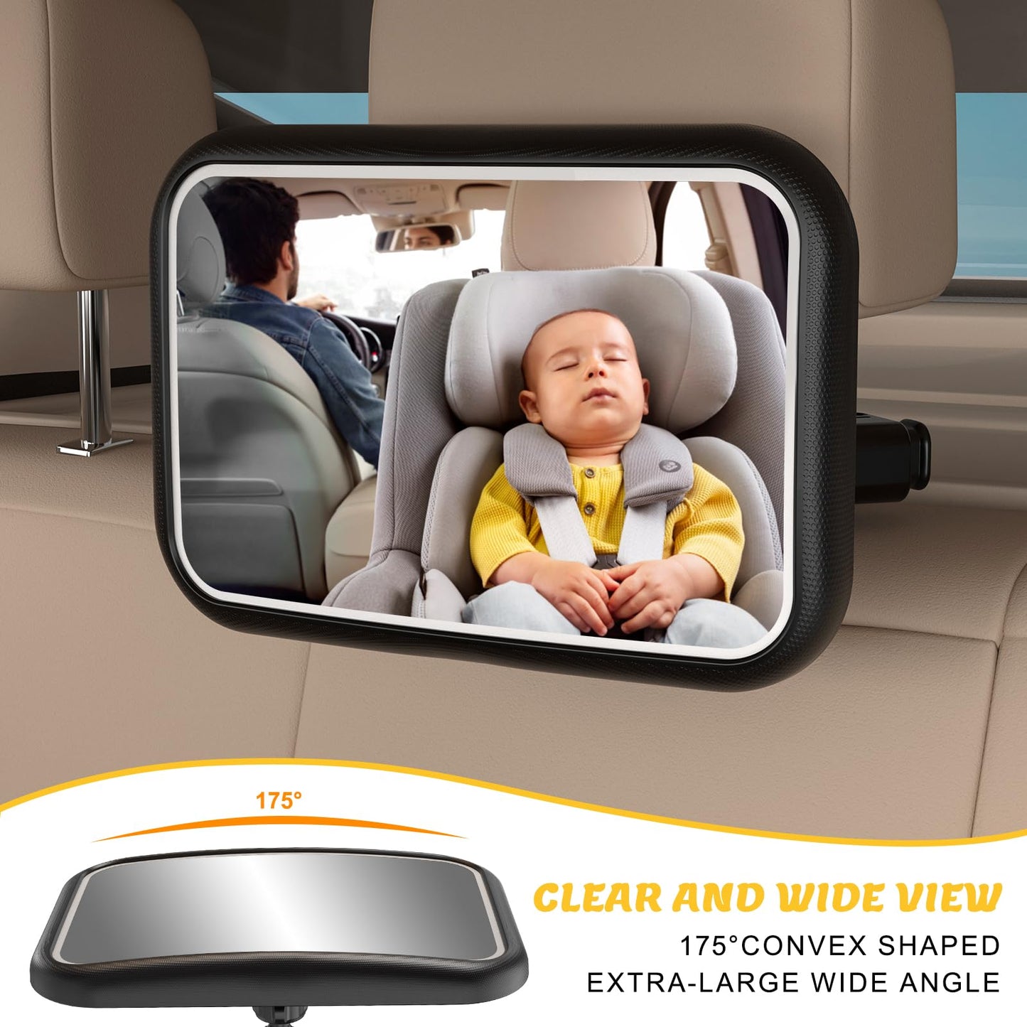 Fosucwin Baby Car Mirror with Light, 11 RGB Light Modes, 360° Rotation, Wide Angle, Remote Control, Shatterproof, Hook Clamp Design