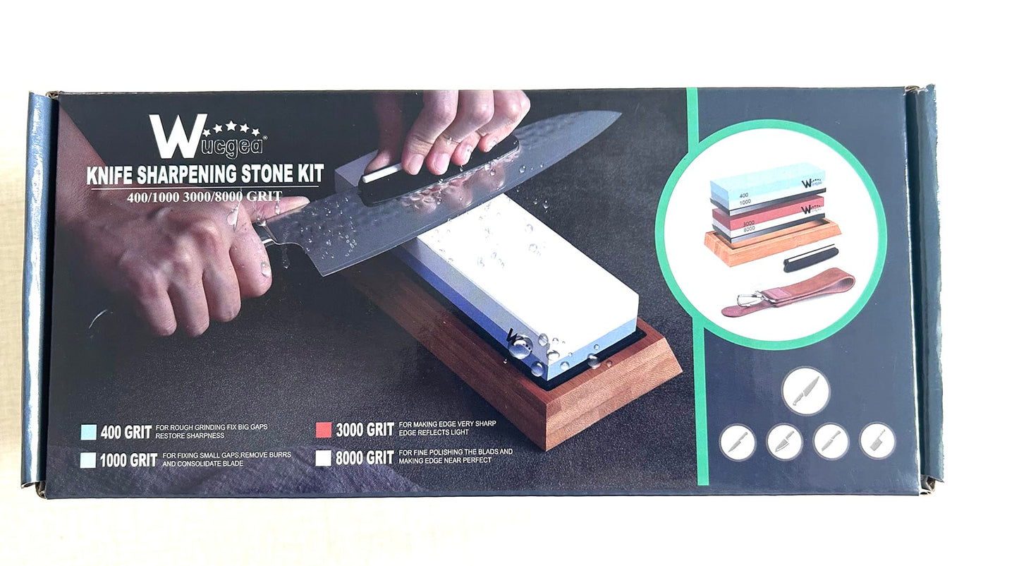 Wucgea Knife Sharpening Stone Kit - 400/1000 3000/8000 Grit Japanese Whetstone Sharpener Set with Non-Slip Rubber Base Angle Guide Flattening Stone and Leather Strop…