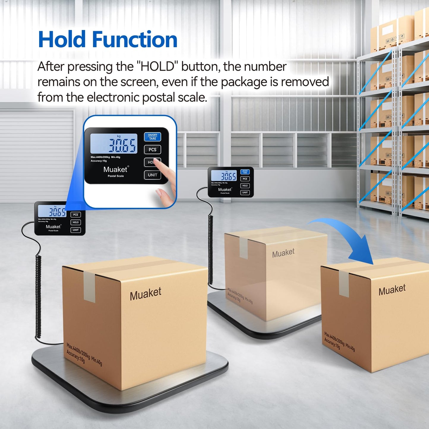 Postal Scales,Muaket 440lb LCD Display Parcel Scales with Hold and Tare Function,High Precision Weighing Scale for Luggage,Package,2 AAA Batteries and Charging Cable Included