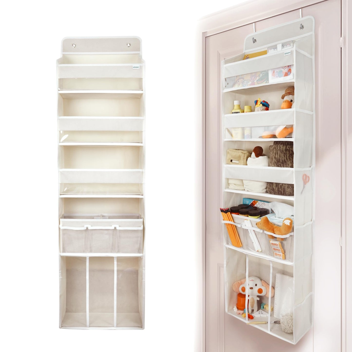 Door Hanging Storage Organizer,with 3 Bins 1 Movable Baby Diaper Caddy,1 Large capacity diaper stacking storage Organizer,10 Side Pockets,Bedroom Door Storage for Nursery Baby Essentials. (Beige)