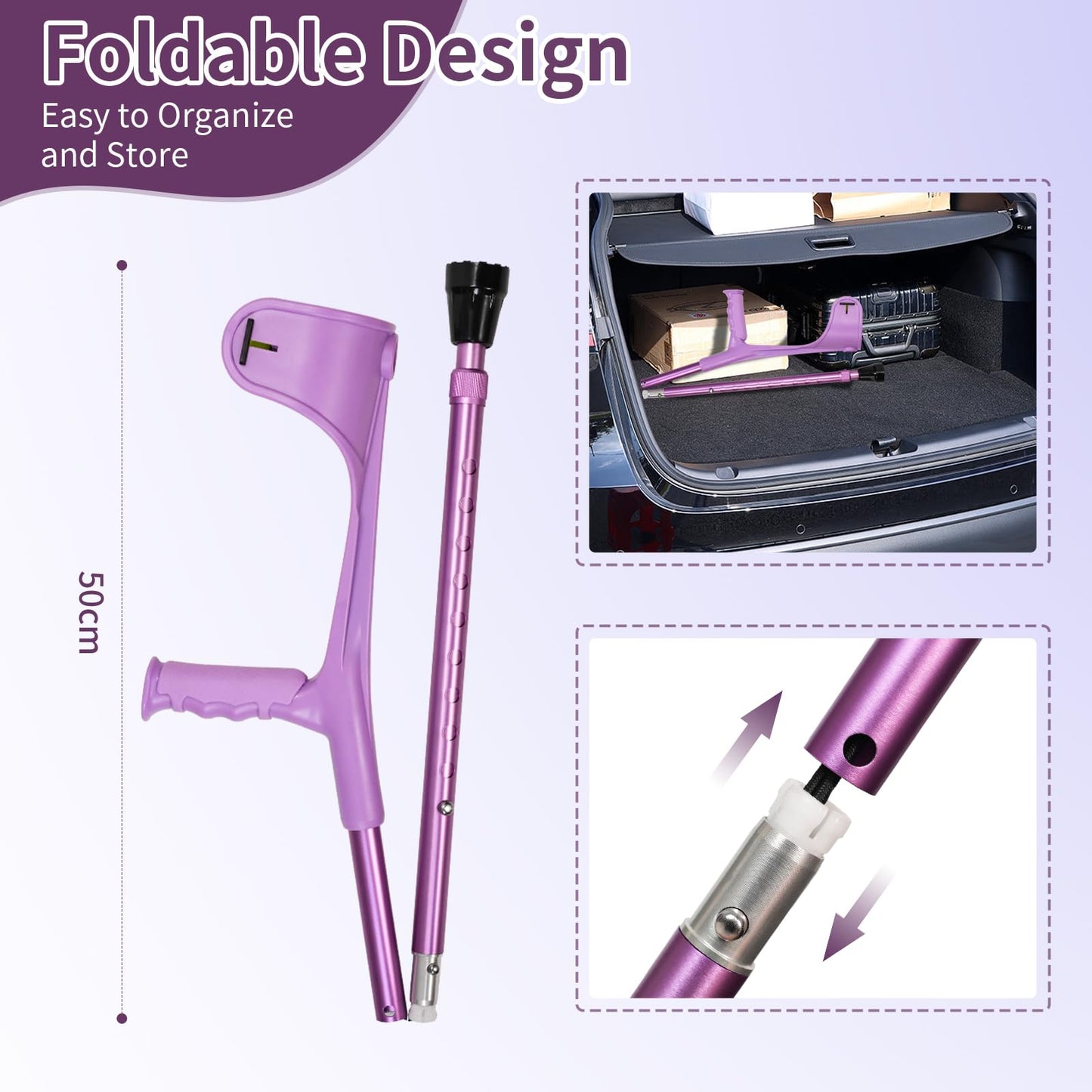 2 Pcs Forearm Crutches for Adults,Folding Walking Cane,10-Level Height Adjustment,Lightweight Aluminum Walking Aid,Rubber Grip, Slip-Resistant and Wear-Resistant,2-Pack Purple.