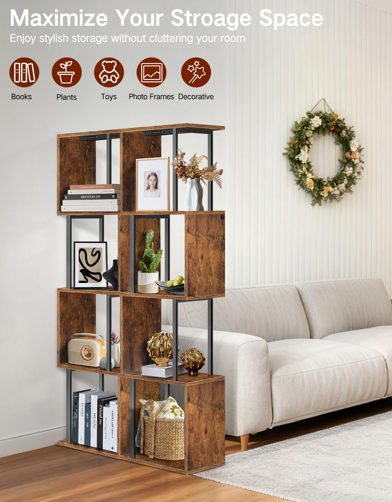 OUTONLIFE 5-Tier S-Shaped Geometric Bookshelf with LED Light, 3 Color Temperatures, Touch & Remote Control, Dimmable Standing Bookcase, Small Display Shelf for Living Room, Bedroom, Office