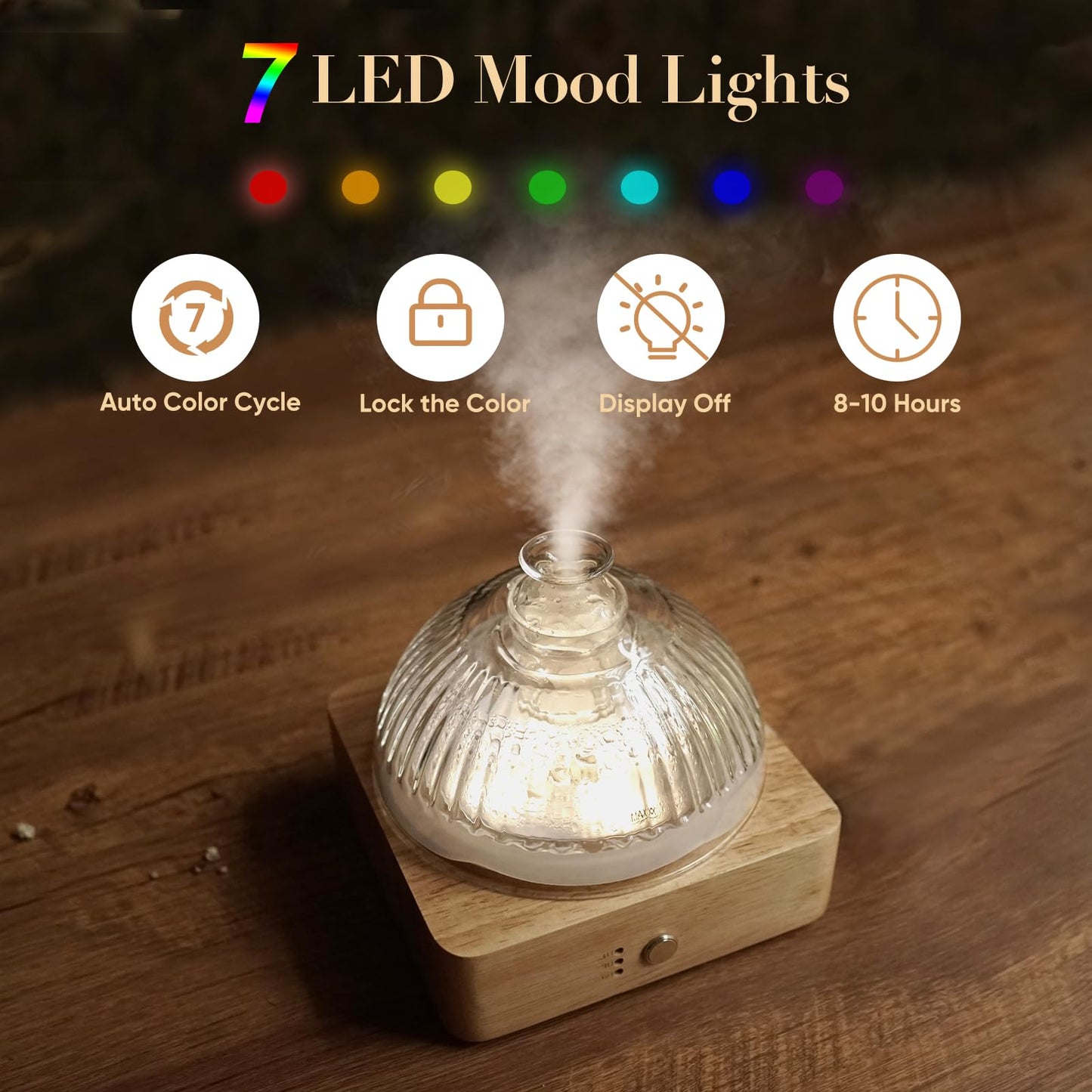 Glass Dome Essential Oil Diffuser with Glass Reservoir & Wood Base-Plastic Free, 200ml Ultrasonic Glass Diffuser for Aromatherapy with Timer 7 Color Light Auto-Off for Gift Home Office Yoga Pilates