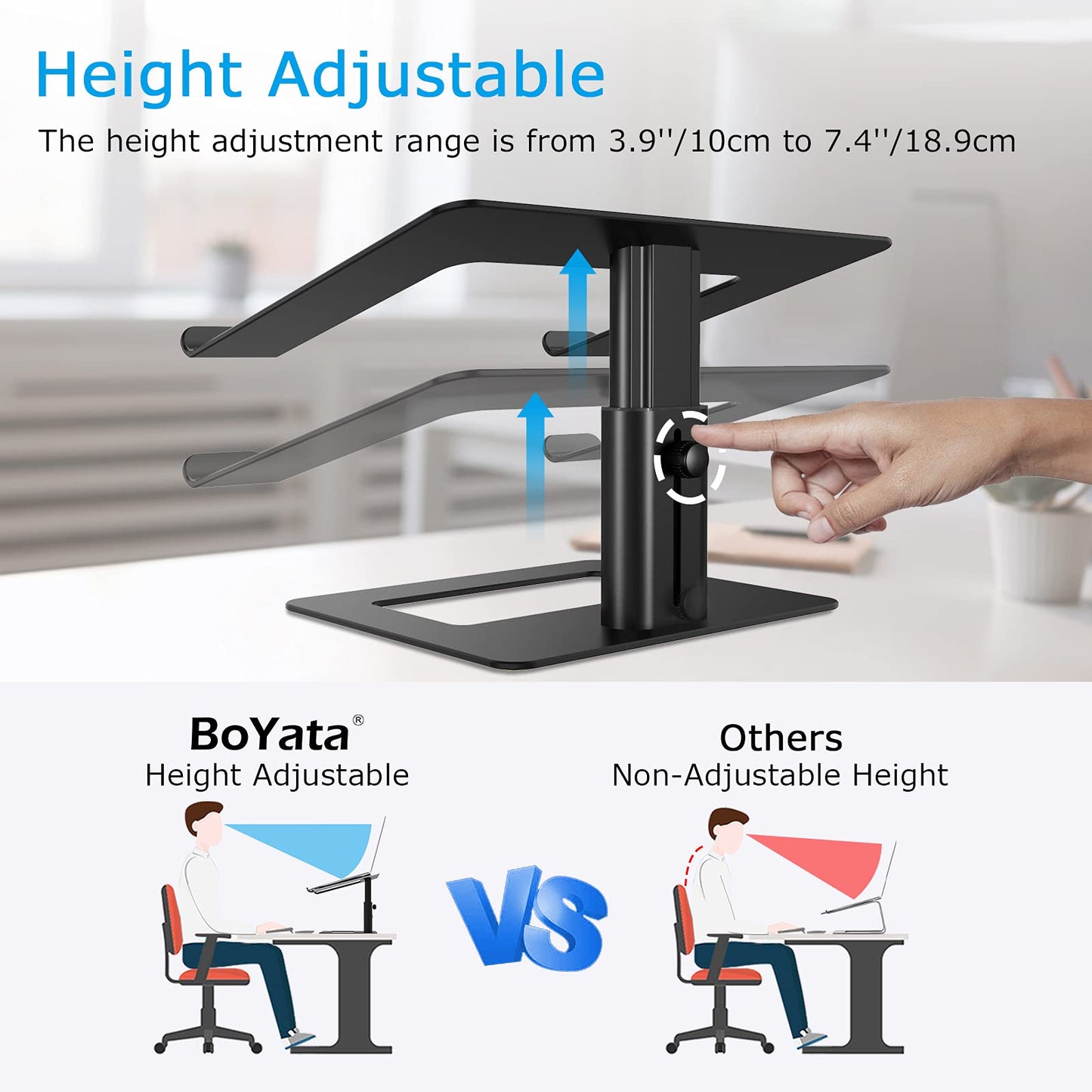 BoYata Laptop Stand, Ergonomic Aluminum Height Adjustable Computer Stand Laptop Holder for Desk, Compatible with MacBook Pro/Air, Dell, Lenovo, HP, Samsung, More Laptops 11-17" (Black)