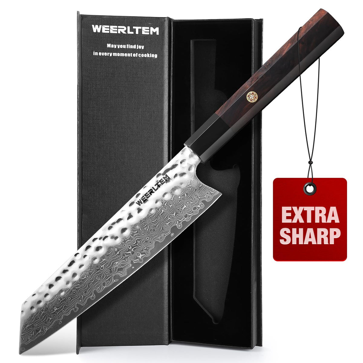 WEERLTEM Japanese Knife, 8 Inch Japanese Kiritsuke Chef Knife, Ultra Sharp Hand-Forged VG10 High Carbon Steel Japanese Damascus Kitchen Knife with Octagonal Ebony Handle & Gift Box