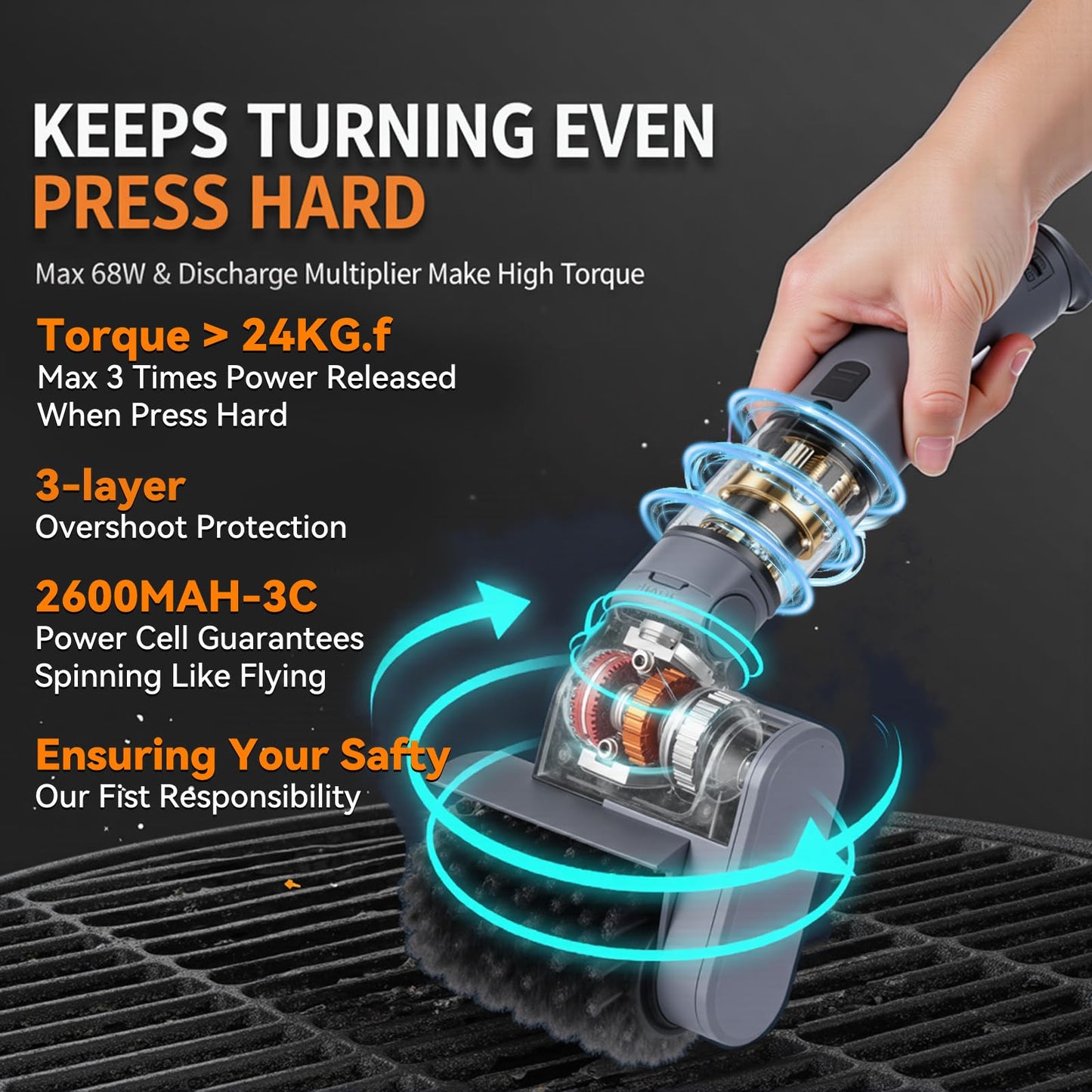 PUVIRECN Electric Grill Cleaner 3 in 1, Cleaning Brush Scraper, Easy Clean Cordless BBQ Barbecue Scrubber, for Father's Day, Dad! 50Kg.f High Torque, 2500mAH, 68W Motor & 360RPM, Splash Guard, IPX7