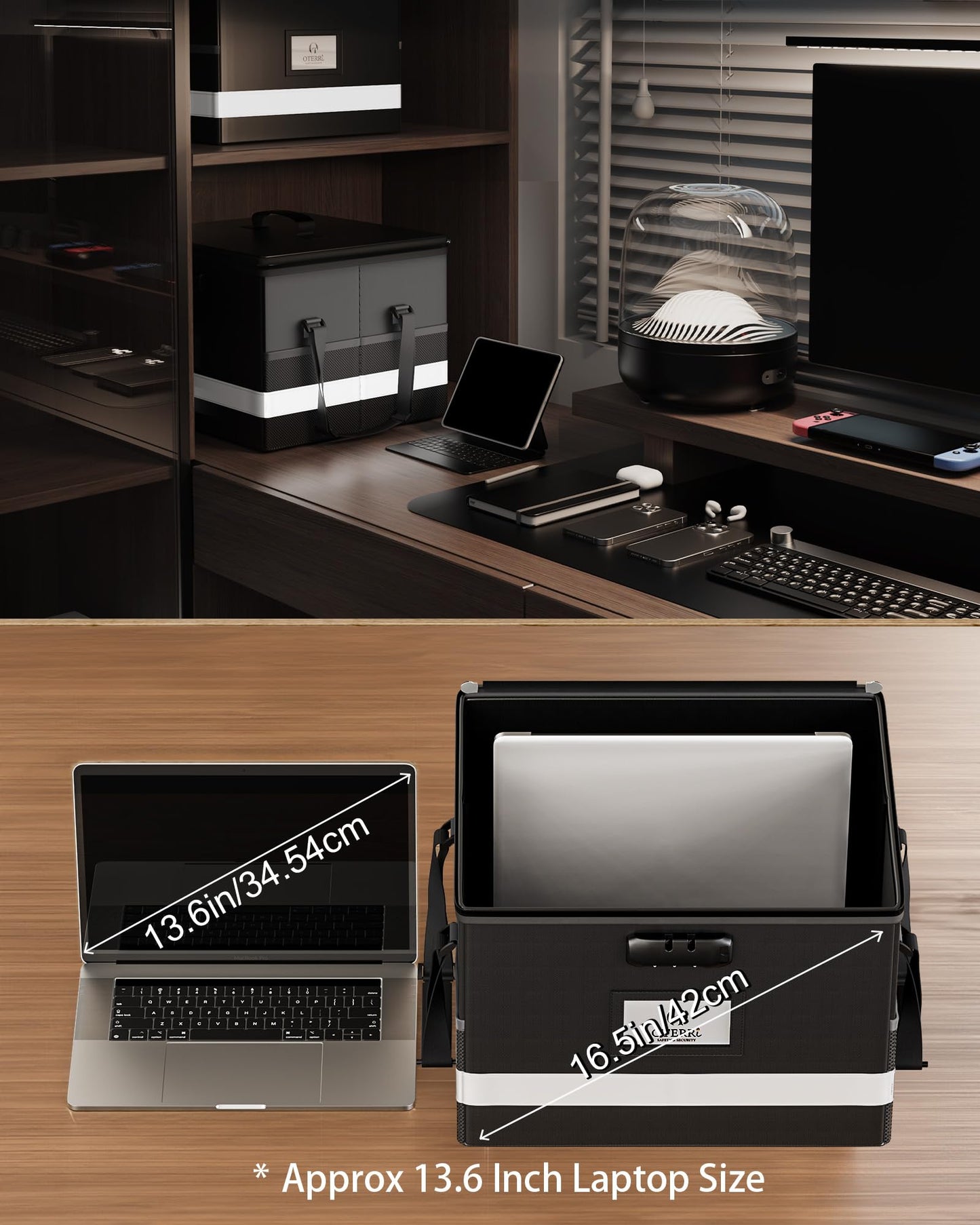 Oterri Fireproof Document Box with Lock, Letter File Box, Portable Fire Safe Box with Handle, Waterproof Important Document Organizer Storage Safe Box for Home Travel Office (Large-Black)