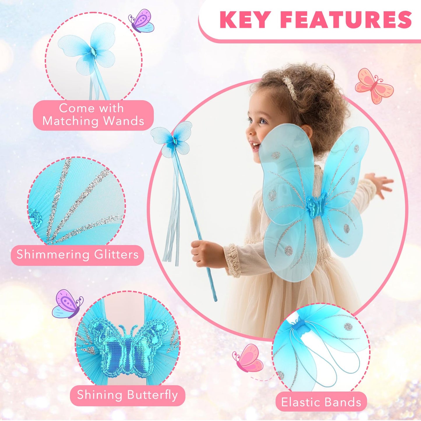 kilofly 8 Sets Angel Butterfly Wings Fairy Wands Princess Dress Up Costume