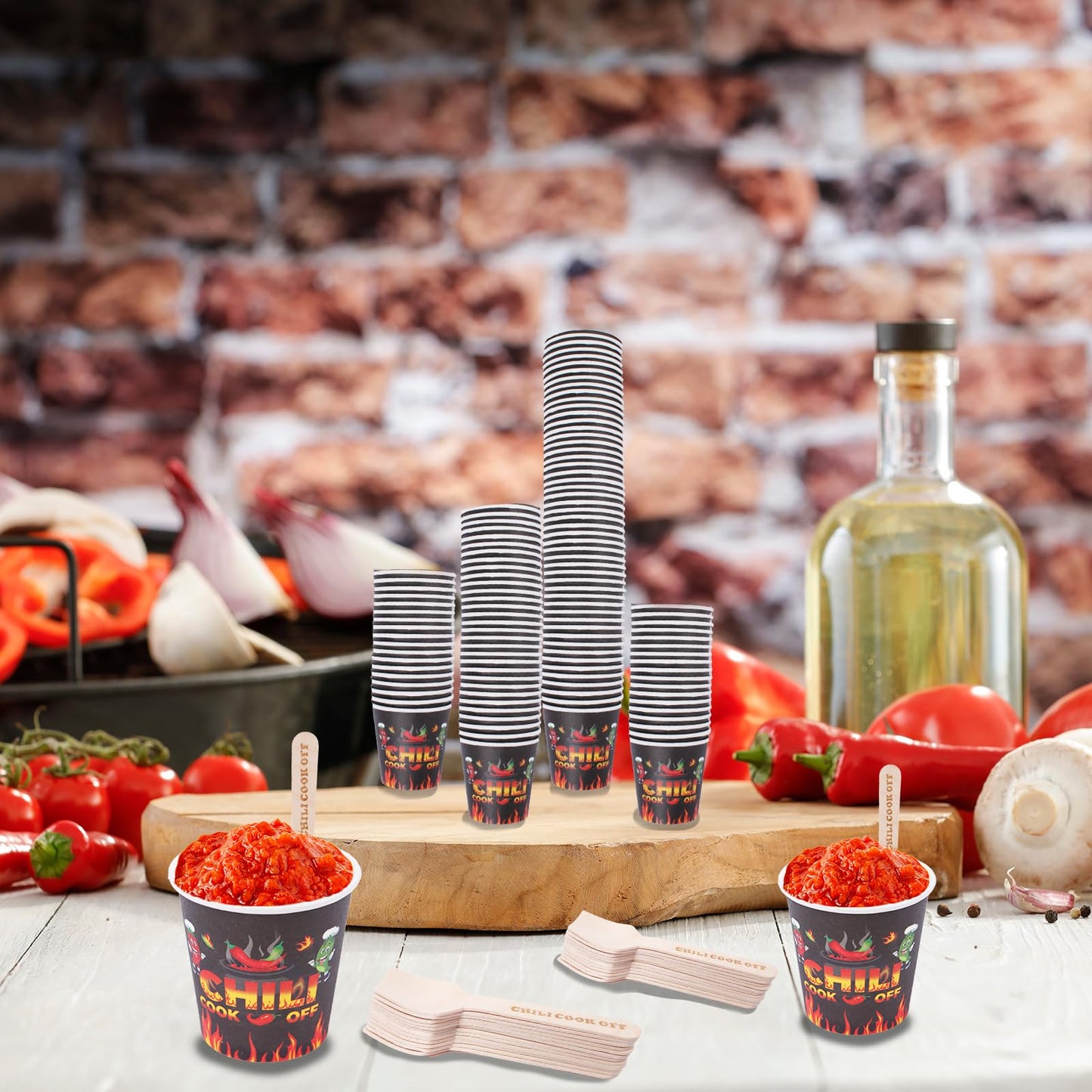Tkifoda 600 Pcs 3oz Chili Cook Off Cups & 300 Wooden Spoons - Disposable Paper Chili Tasting Cups with Chili Pepper Patterns - Perfect for Chili Cook Off, Mexican Party Supplies