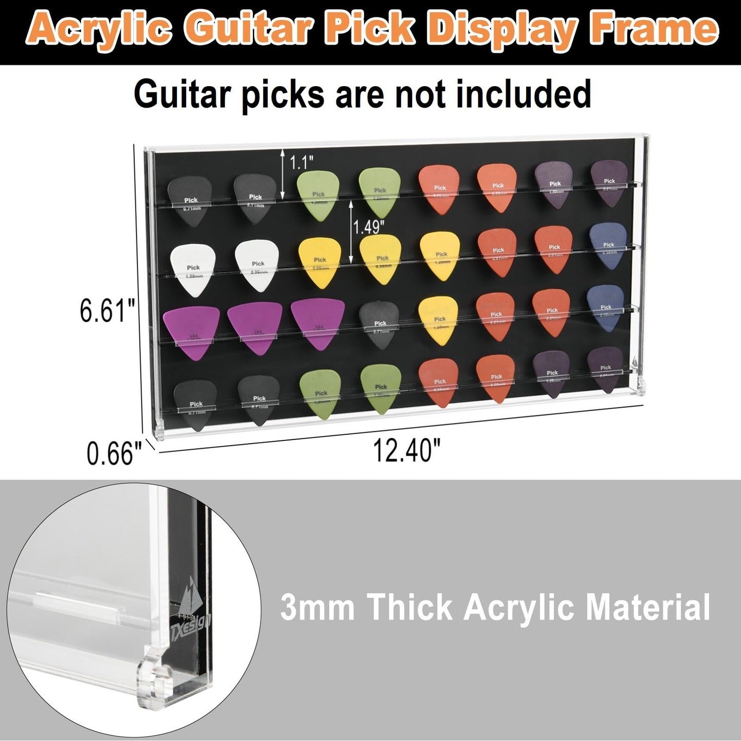 TXEsign Guitar Pick Wall Mount Display Case for Picks Storage and Display, Guitar Pick Display Frame Acrylic Storage Box Picks Organizer Hold Up to 32 Guitar Picks (Black)