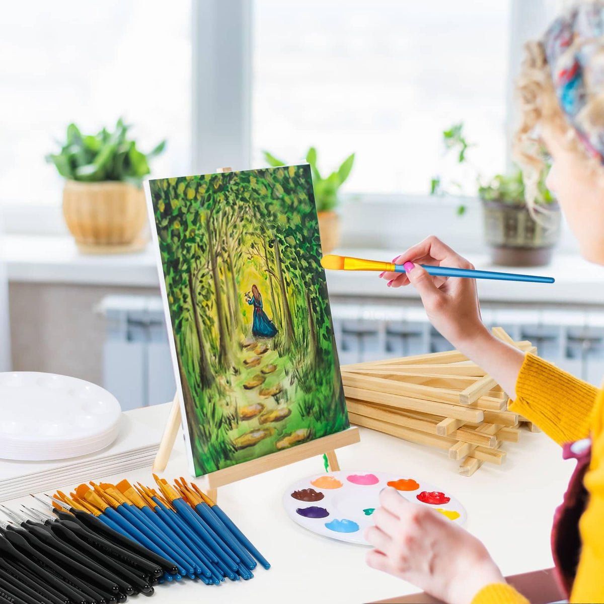 160 Pack 8x10 in Canvas Boards for Painting, Canvas for Painting with Wooden Easel, Detail Paint Brushes Art Canvas Easel Painting Kit with Brushes Set Palettes