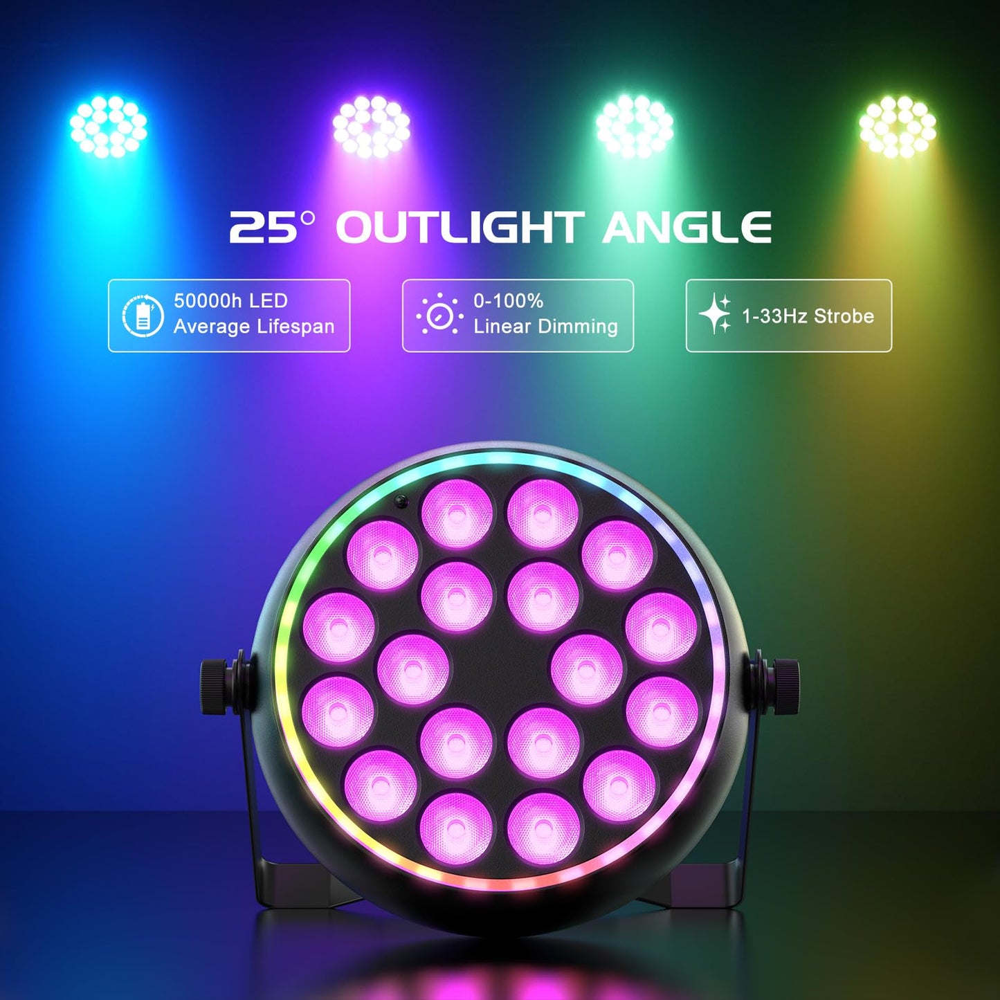 Qajok LED Par Light, Sound Active & DMX Control，DJ Lights, Party Light with Pro RGBW & Strobe Effects for Indoor Stage, Wedding, Church Events