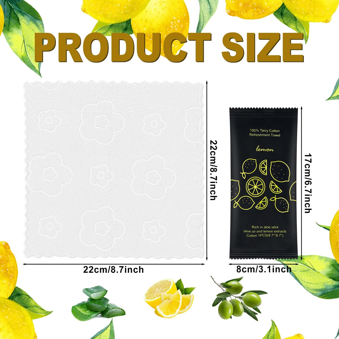 Moist Cotton Towel Bulk Moist Towelettes Individually Wrapped 8.7" x 8.7",White Towel Services,Refreshment Pre Moistened Towels Lemon Scent for Travel Sport Party Spa Dentist Hote (1 Count (Pack of 100), Lemon)
