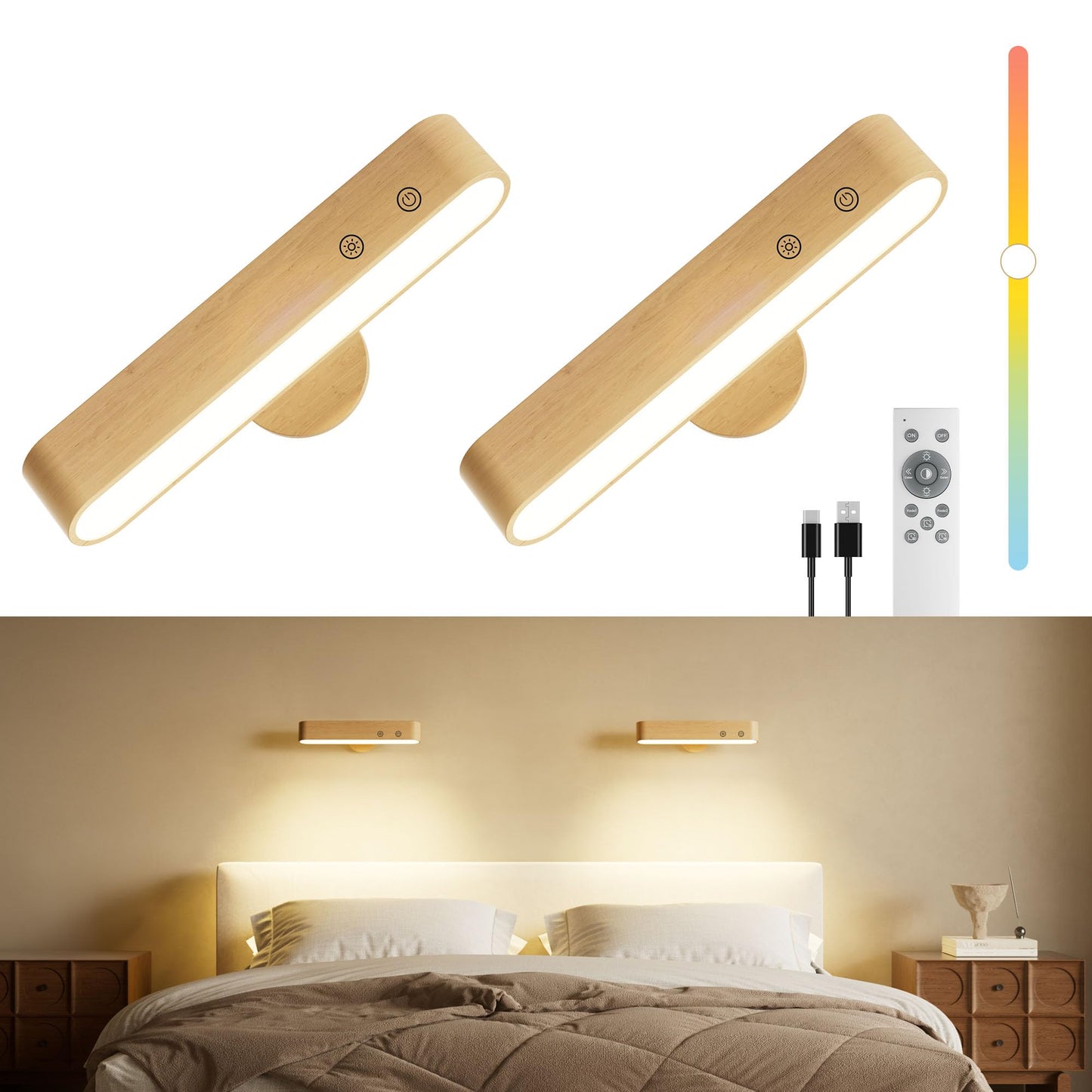 PopoIron Rechargeable 7500mAh LED Wall Sconces for Bedroom,Battery Operated Wall Lights with Remote Control and Touch,360° Magnetic Rotation,3 Colors Dimmable Wood Wall Lamps with 15 RGB Colors,2 Pack