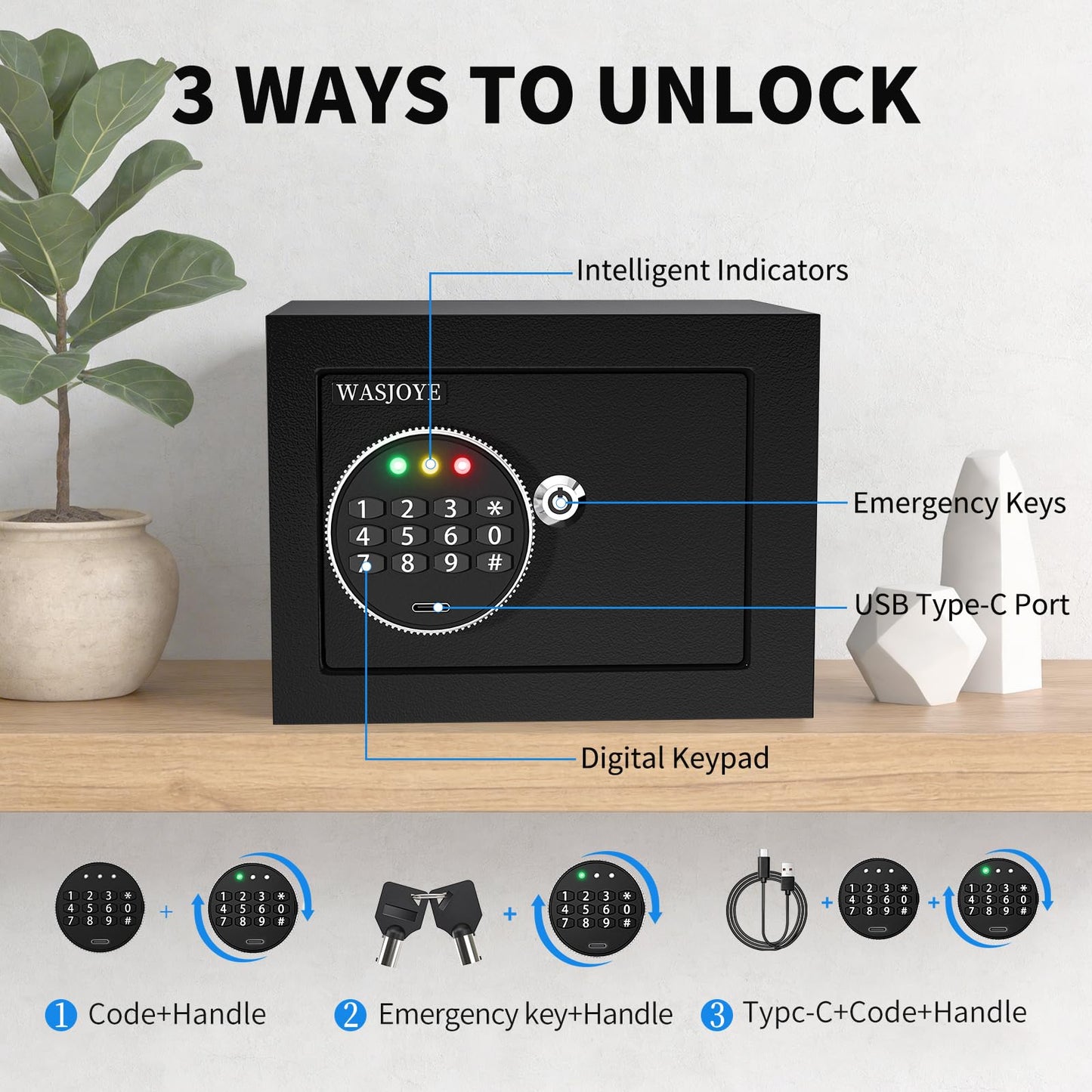 WASJOYE 0.5 Cu Ft Security Home Safe Box, Cabinet Safe Box with Digital Keypad Safety Key Lock - Small Safe for Home Business Office Hotel Money Document Jewelry Passport Storage