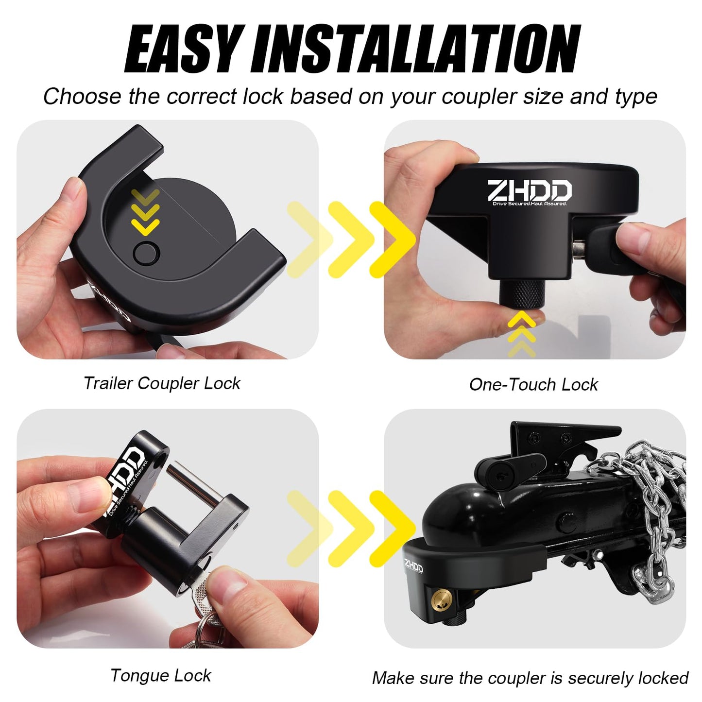 ZHDD Trailer Hitch Lock Kit,2" Heavy Duty Anti-Theft Trailer Tongue Coupler Locks Set for RV,Camper,Boat,Caravan (2 Inch)