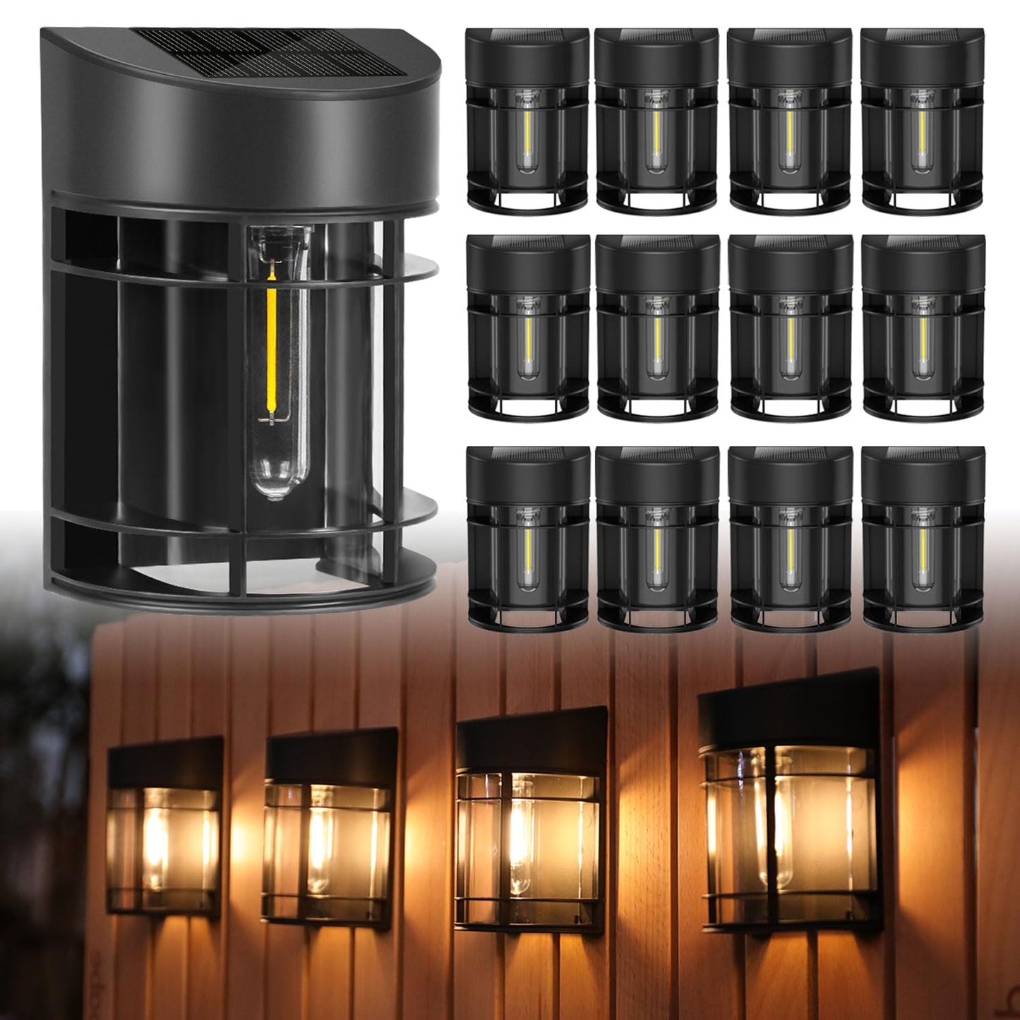 DOESLAG 12 Pack Solar Fence Lights, LED Solar Lights Outdoor Waterproof, Solar Powered Outdoor Lights for Fence Post Garden Yard, Black, SL012