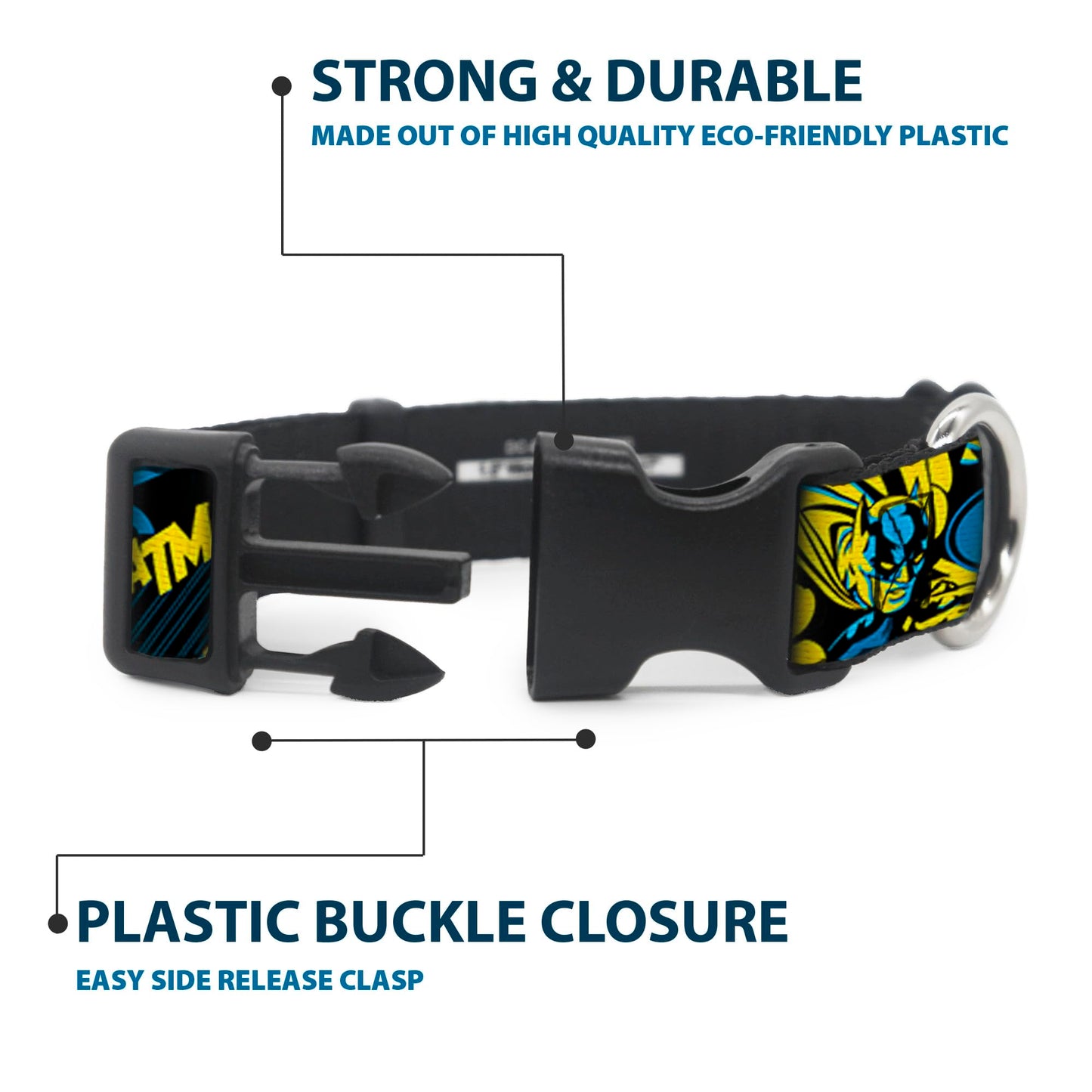 DC Comics Pet Collar, Dog Collar Plastic Buckle, Batman Poses and Logo Collage Black Blue Yellow, 15 to 24 Inches 1.0 Inch Wide