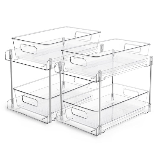 2 Tier Bathroom Storage Organizer, Vtopmart 2 Pack Clear Under Sink Organizers Vanity Counter Storage Container, Medicine Cabinet Drawers Bins, Pull-Out Organization with Track for Pantry, Kitchen